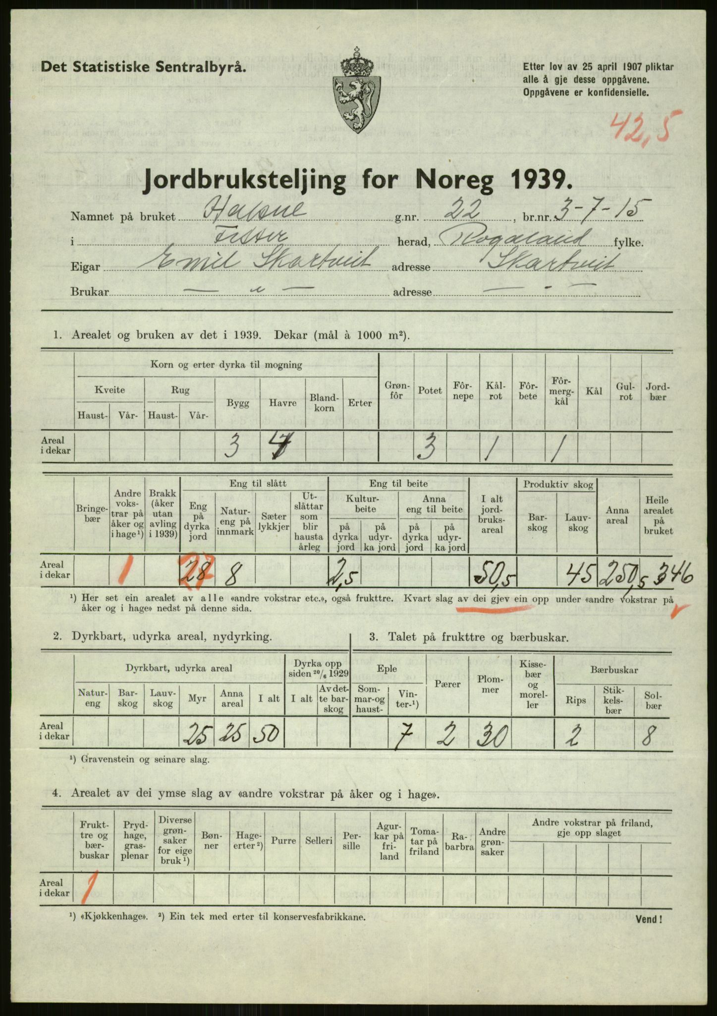 Statistisk sentralbyrå, Næringsøkonomiske emner, Jordbruk, skogbruk, jakt, fiske og fangst, AV/RA-S-2234/G/Gb/L0184: Rogaland: Årdal, Fister og Hjelmeland, 1939, s. 349