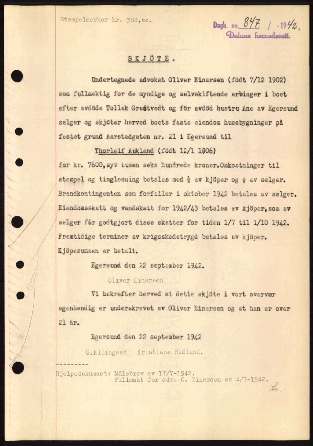 Dalane sorenskriveri, SAST/A-100309/02/G/Gb/L0046: Pantebok nr. A7, 1942-1943, Dagboknr: 847/1942