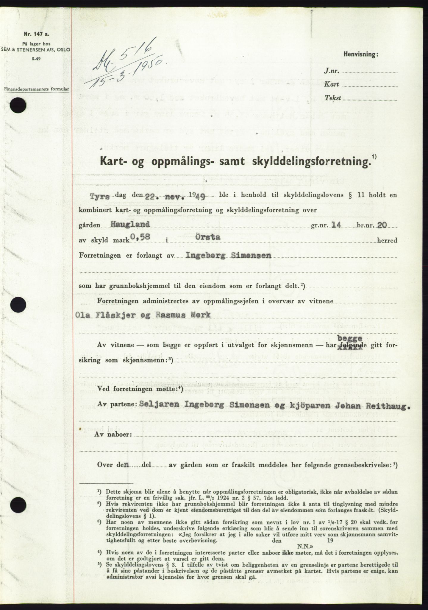 Søre Sunnmøre sorenskriveri, SAT/A-4122/1/2/2C/L0086: Pantebok nr. 12A, 1949-1950, Dagboknr: 516/1950