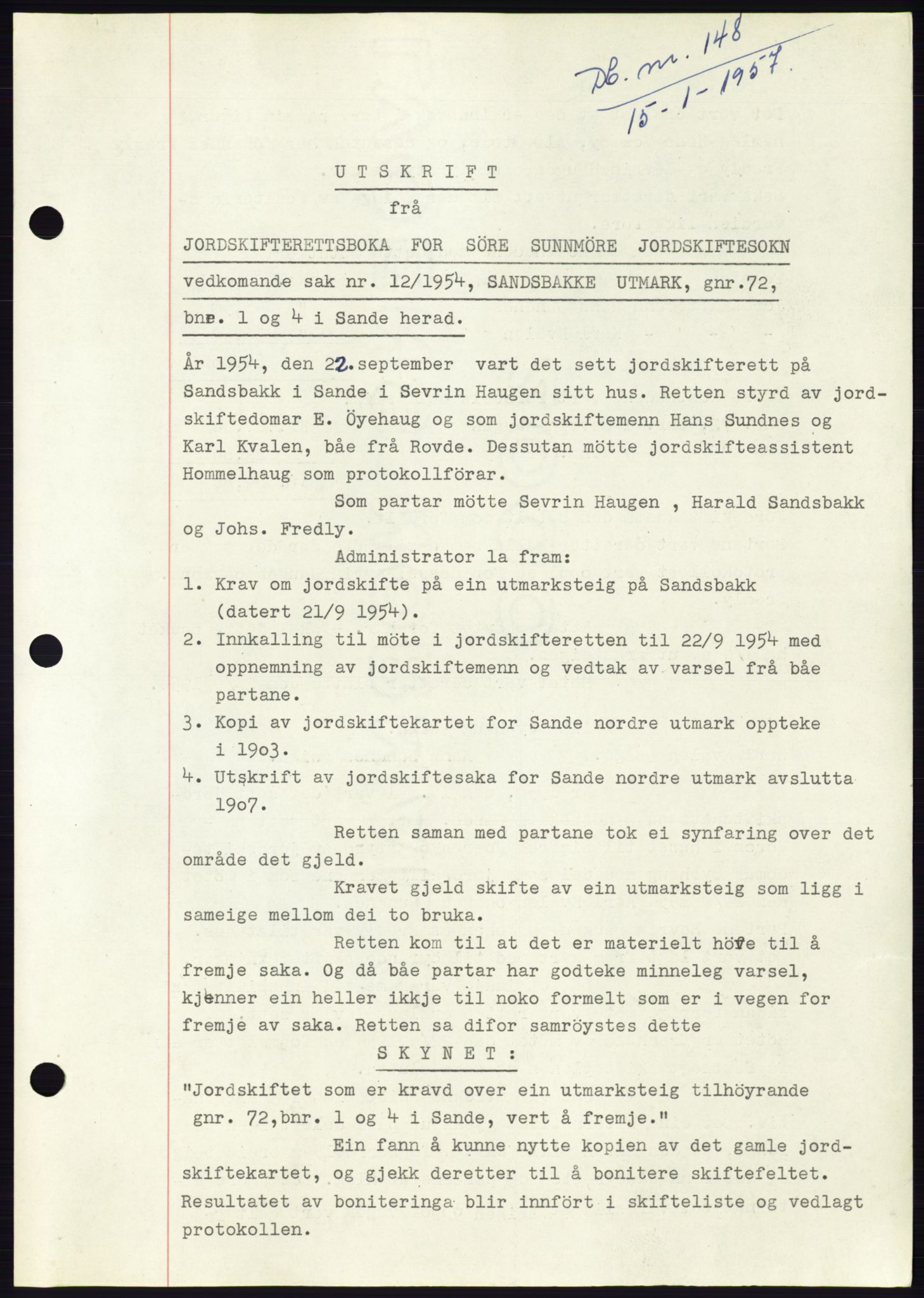 Søre Sunnmøre sorenskriveri, SAT/A-4122/1/2/2C/L0105: Pantebok nr. 31A, 1956-1957, Dagboknr: 148/1957