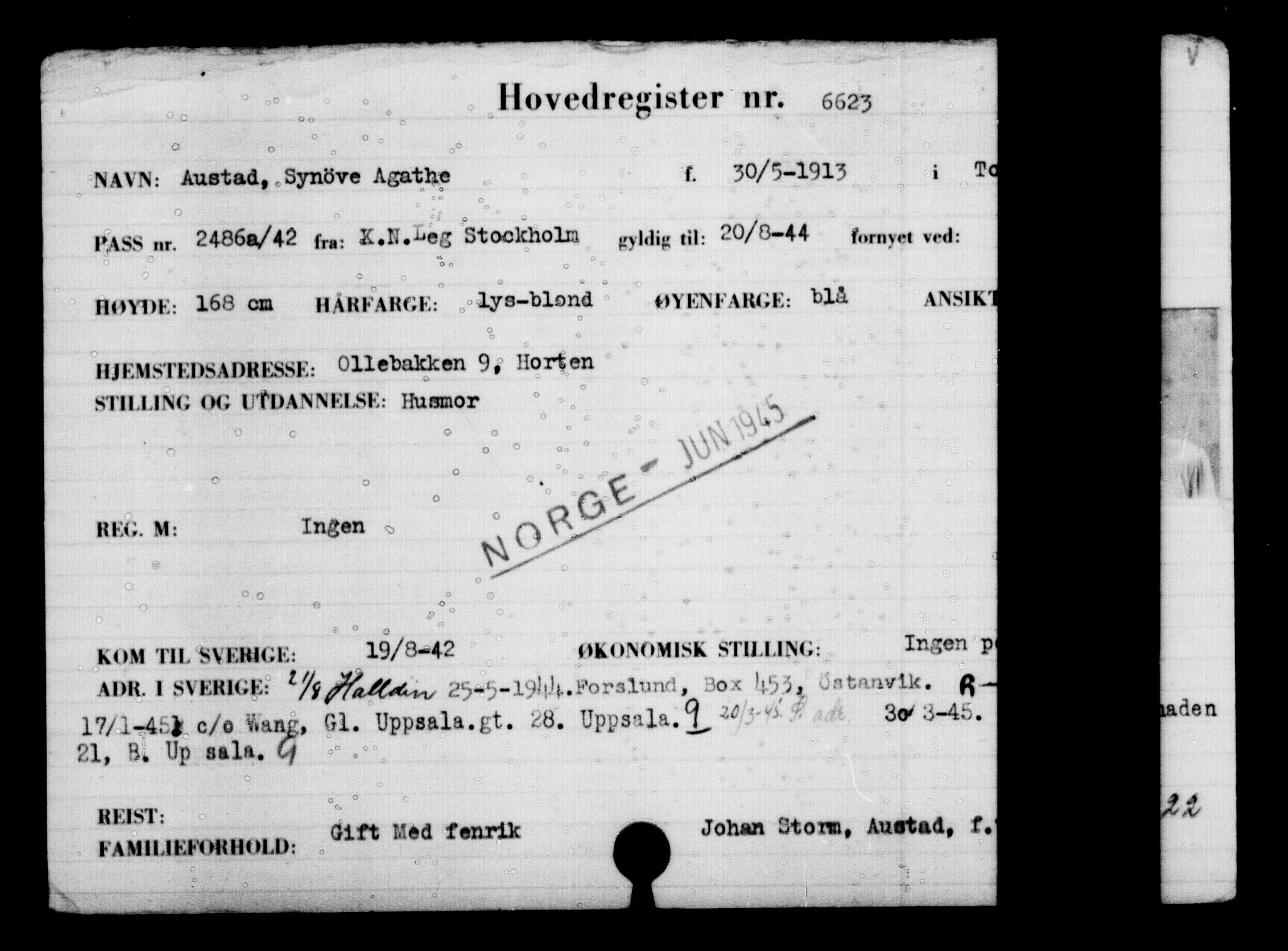 Utenriksstasjonene, Legasjonen i Stockholm, Flyktningkontoret, AV/RA-S-6753/V/Va/L0005: Kjesäterkartoteket, flyktninger med registreringsnr. 6600-9417, 1940-1945, s. 33