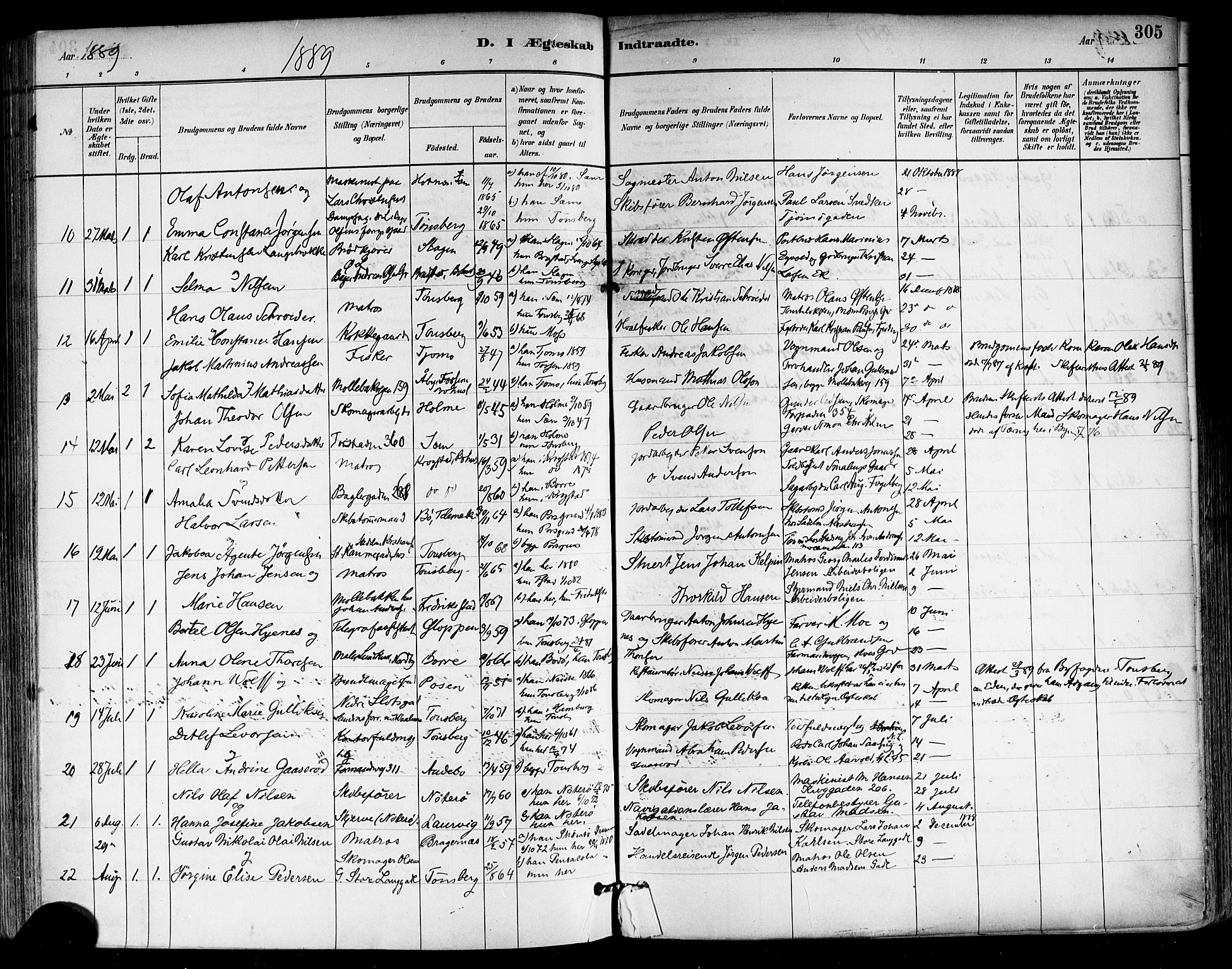 Tønsberg kirkebøker, AV/SAKO-A-330/F/Fa/L0011: Ministerialbok nr. I 11, 1881-1890, s. 305