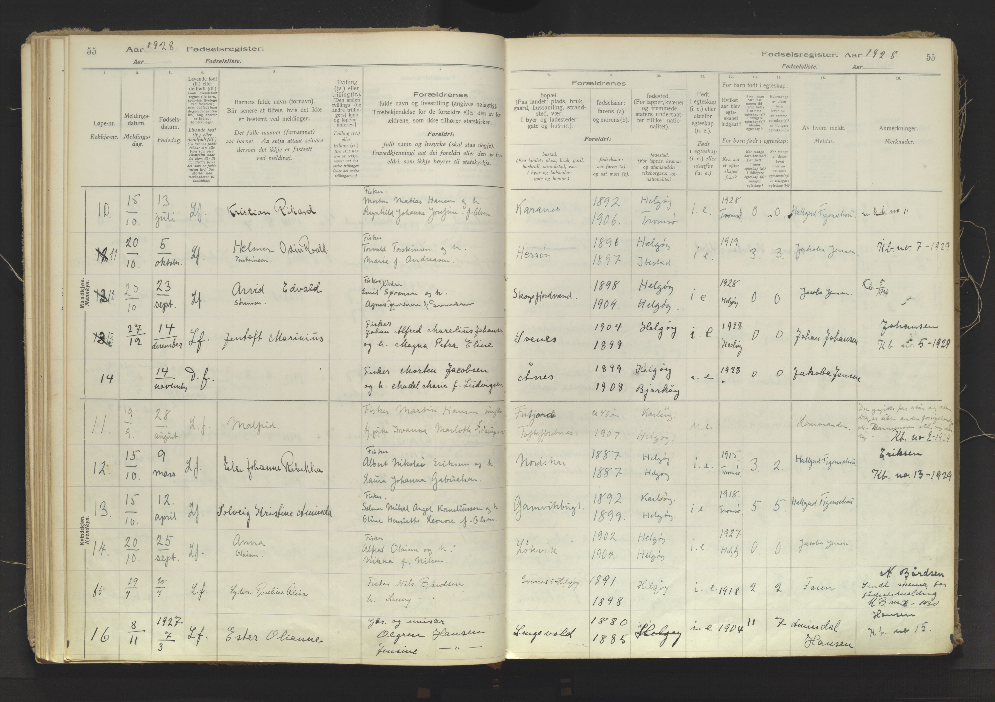 Karlsøy sokneprestembete, AV/SATØ-S-1299/I/Ic/L0067: Fødselsregister nr. 67, 1916-1958, s. 55