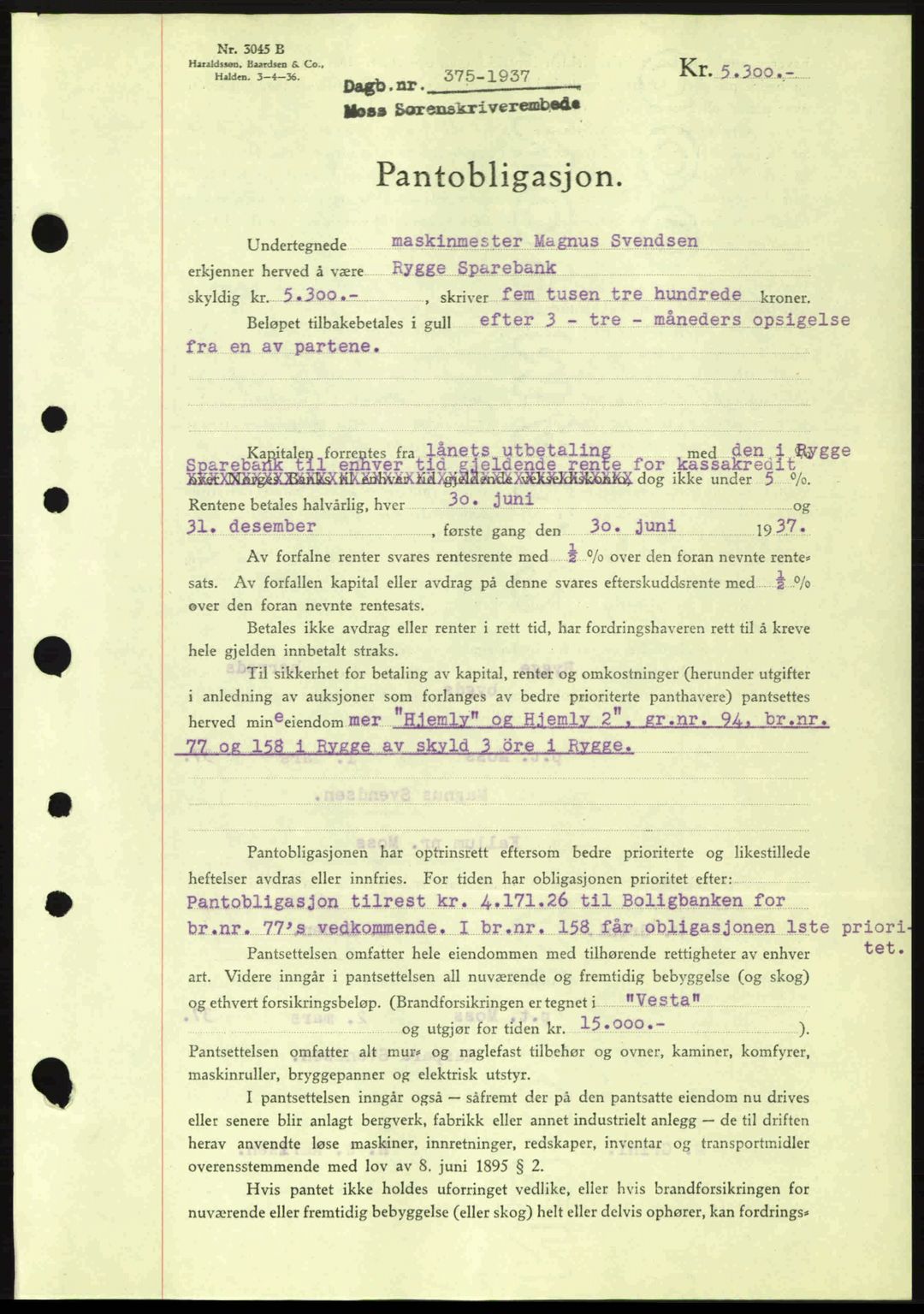 Moss sorenskriveri, SAO/A-10168: Pantebok nr. B3, 1937-1937, Dagboknr: 375/1937