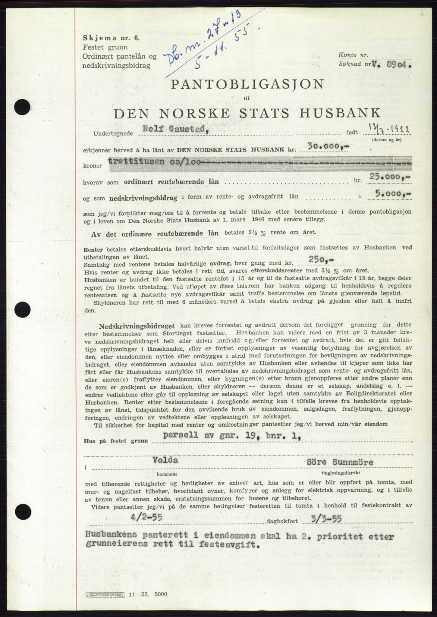 Søre Sunnmøre sorenskriveri, SAT/A-4122/1/2/2C/L0127: Pantebok nr. 15B, 1955-1955, Dagboknr: 2713/1955