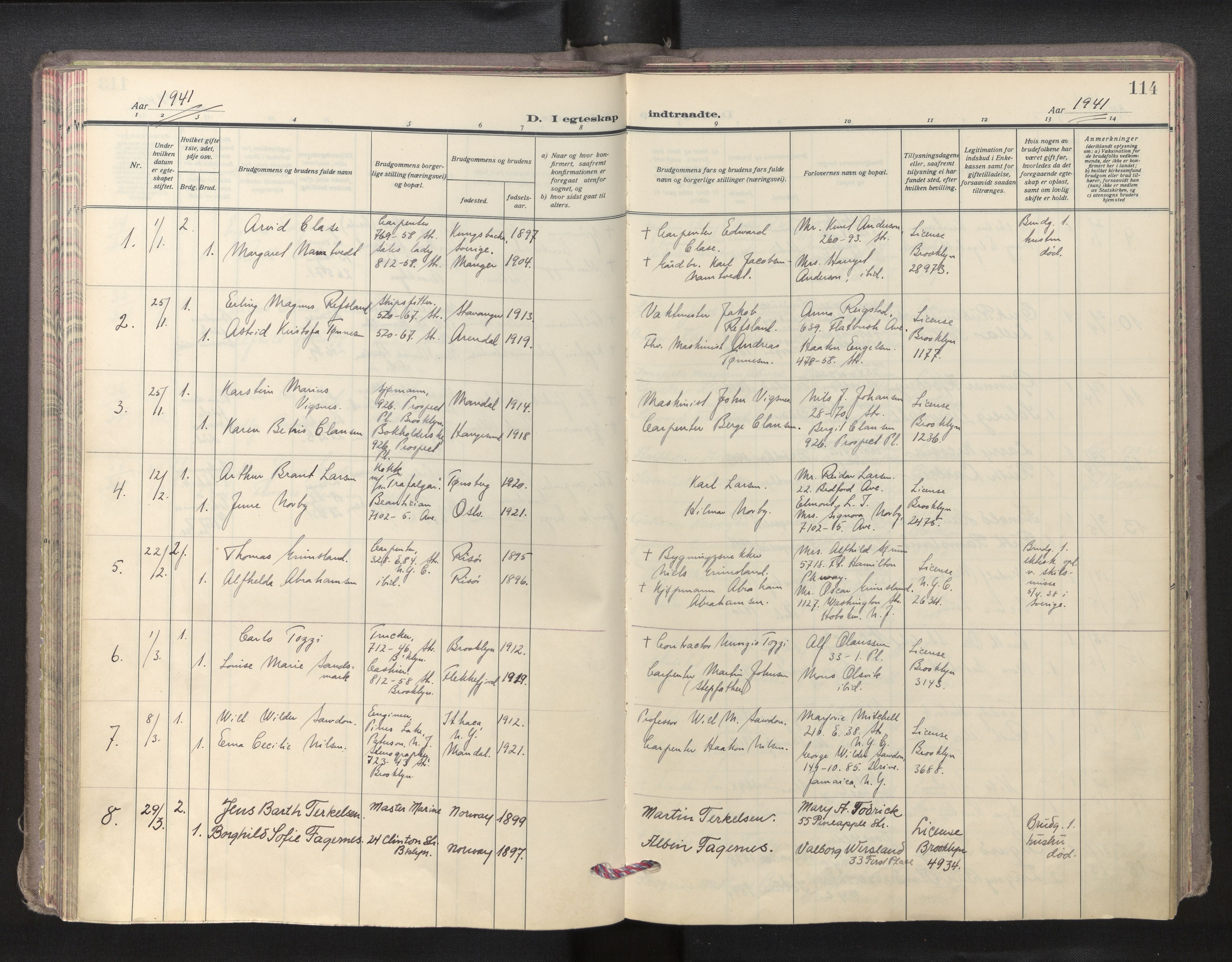 Den norske sjømannsmisjon i utlandet/New York, AV/SAB-SAB/PA-0110/H/Ha/L0009: Ministerialbok nr. A 9, 1935-1945, s. 113b-114a