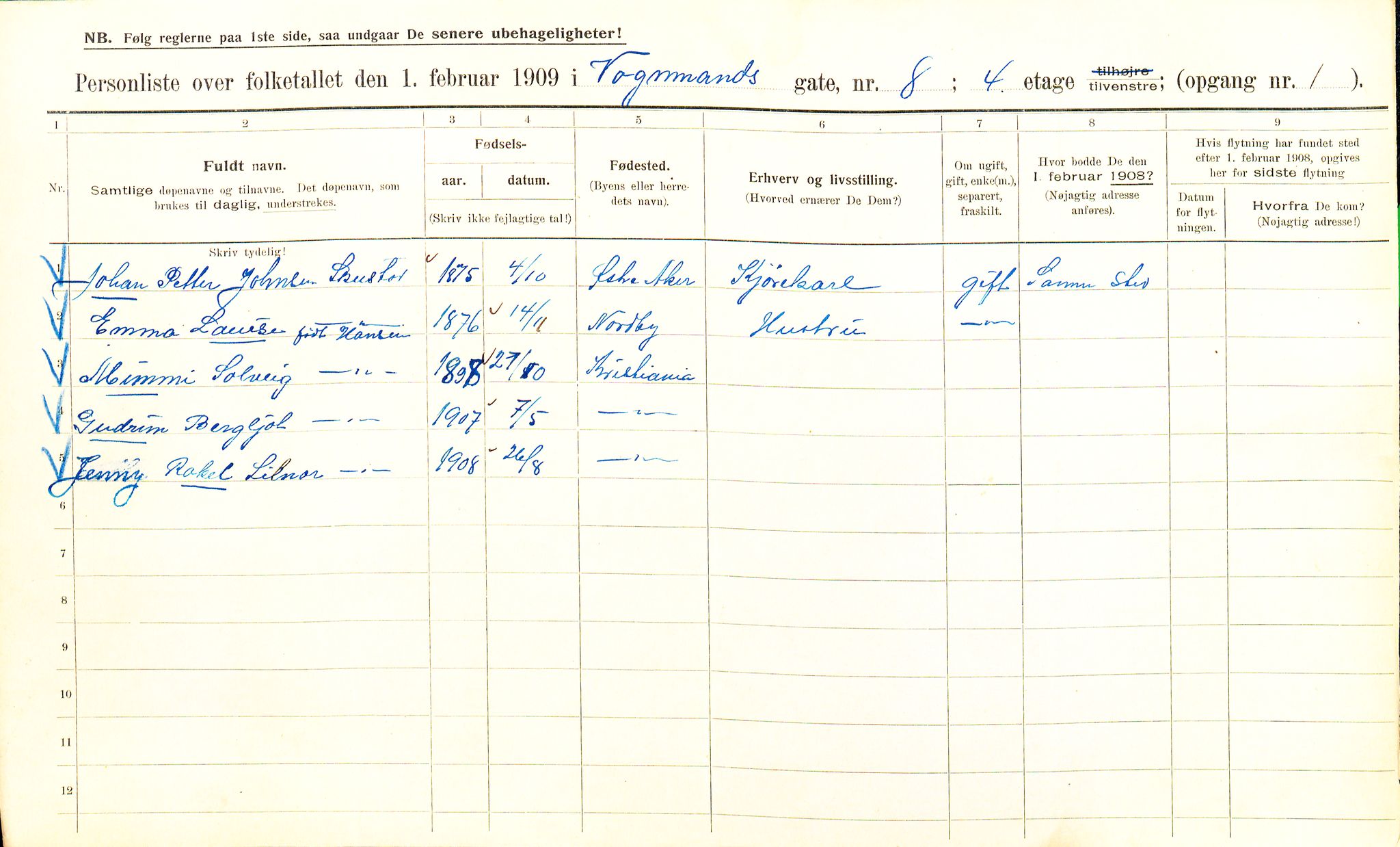 OBA, Kommunal folketelling 1.2.1909 for Kristiania kjøpstad, 1909, s. 112620