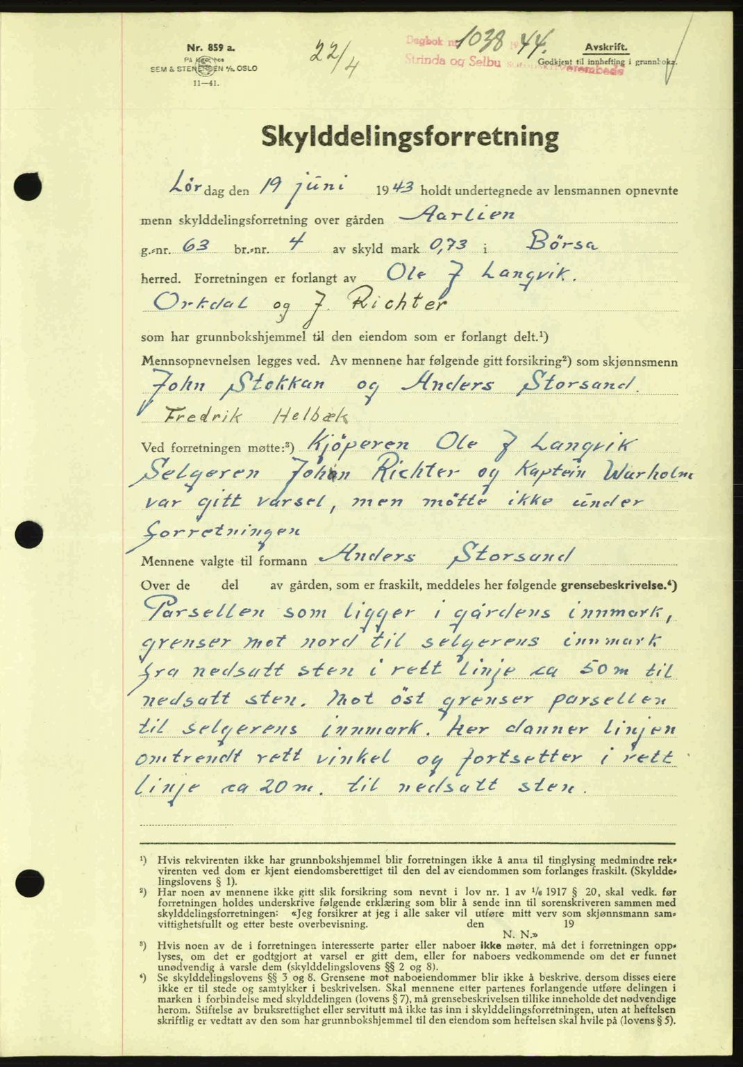 Strinda og Selbu sorenskriveri, SAT/A-0015/2/2C: Pantebok nr. A9, 1944-1945, Dagboknr: 1038/1944