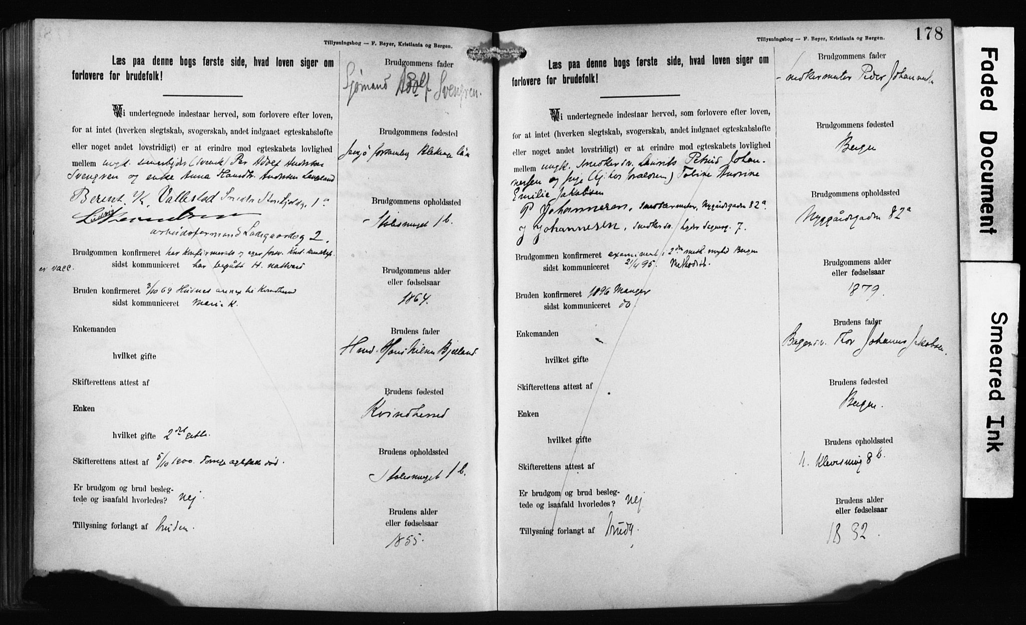 Mariakirken Sokneprestembete, SAB/A-76901: Forlovererklæringer nr. II.5.1, 1891-1901, s. 178
