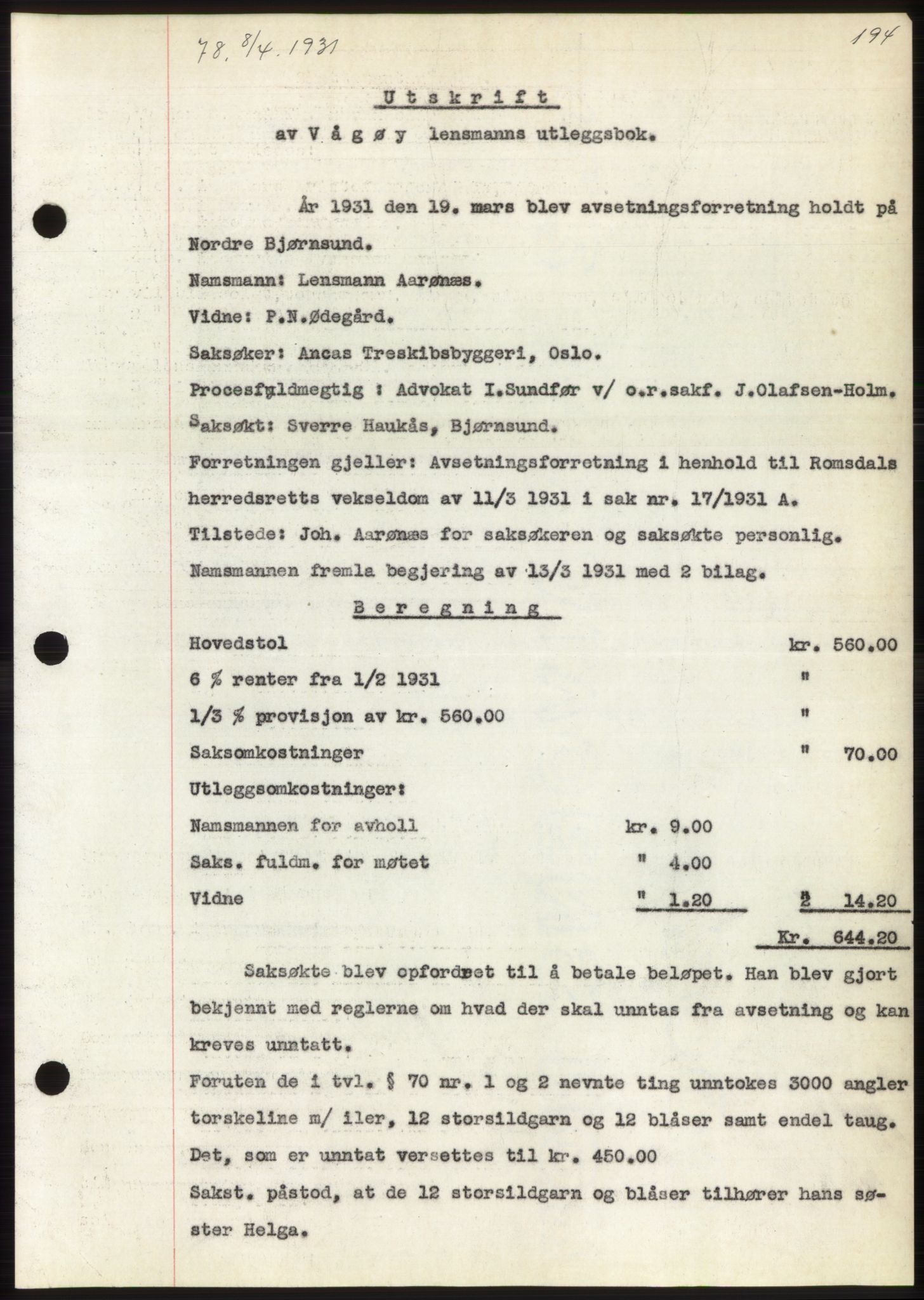 Romsdal sorenskriveri, AV/SAT-A-4149/1/2/2C/L0059: Pantebok nr. 53, 1931-1931, Tingl.dato: 08.04.1931