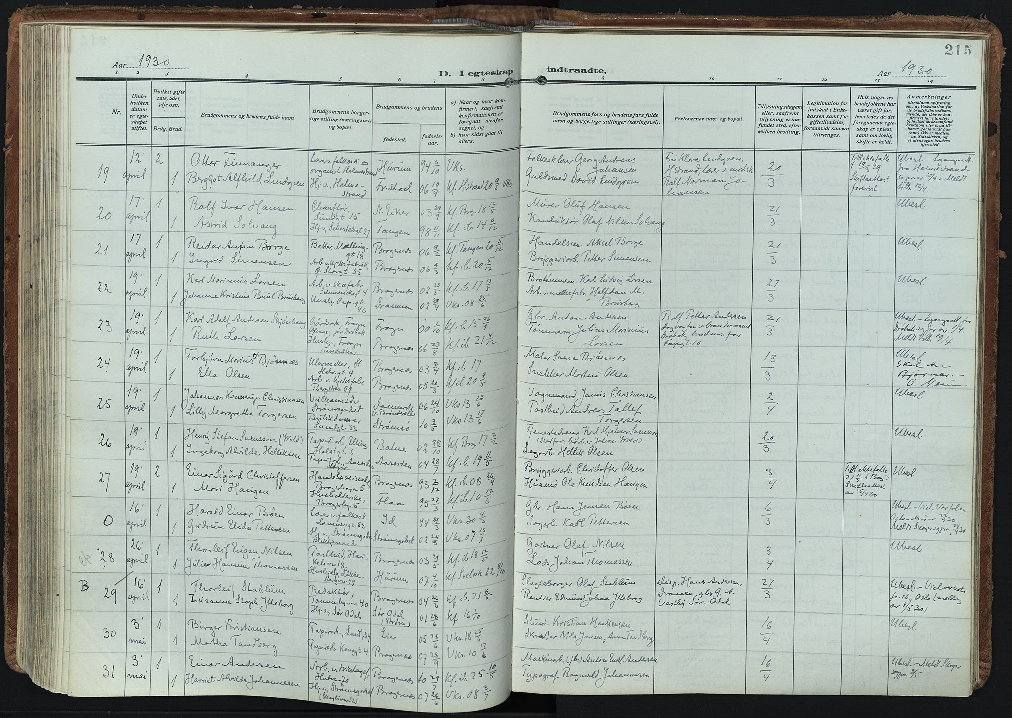 Bragernes kirkebøker, AV/SAKO-A-6/F/Fc/L0009: Ministerialbok nr. III 9, 1921-1939, s. 215