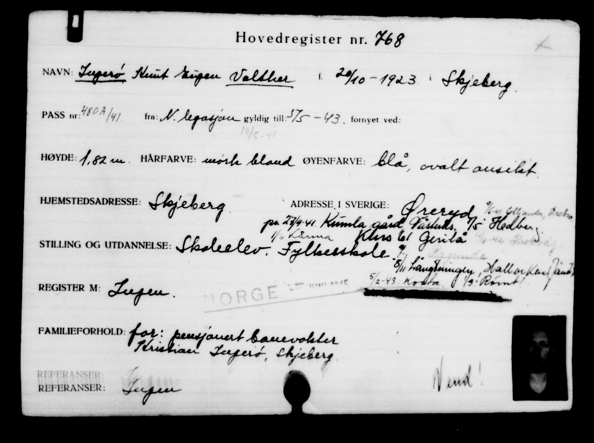 Utenriksstasjonene, Legasjonen i Stockholm, Flyktningkontoret, AV/RA-S-6753/V/Va/L0001: Kjesäterkartoteket, flyktninger med registreringsnr. 1-1000, 1940-1945, s. 1214
