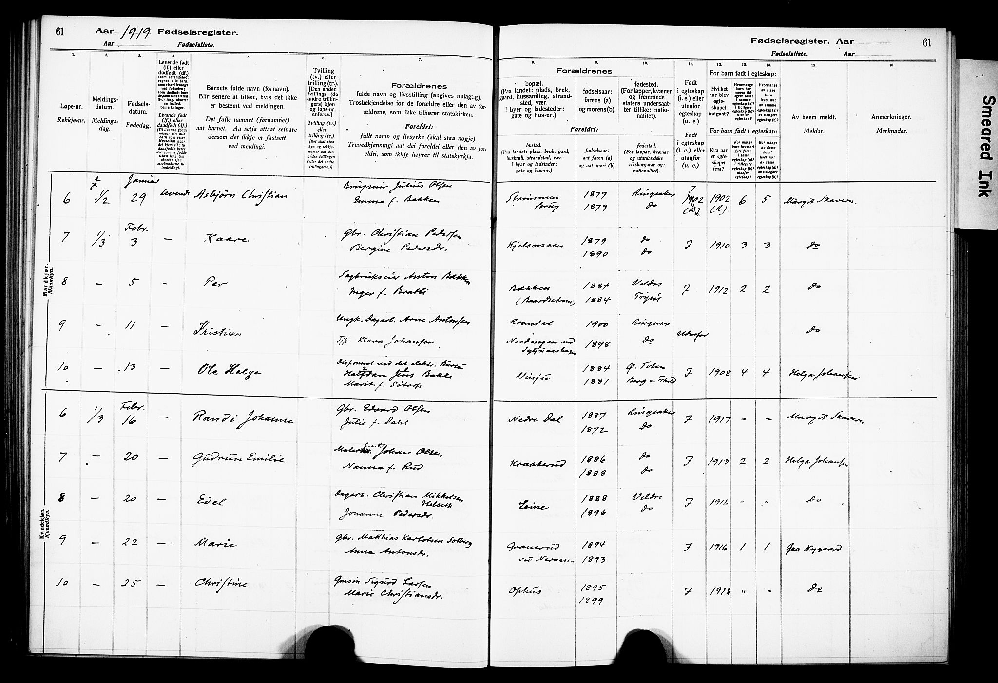 Ringsaker prestekontor, AV/SAH-PREST-014/O/Oa/L0001: Fødselsregister nr. 1, 1916-1925, s. 61