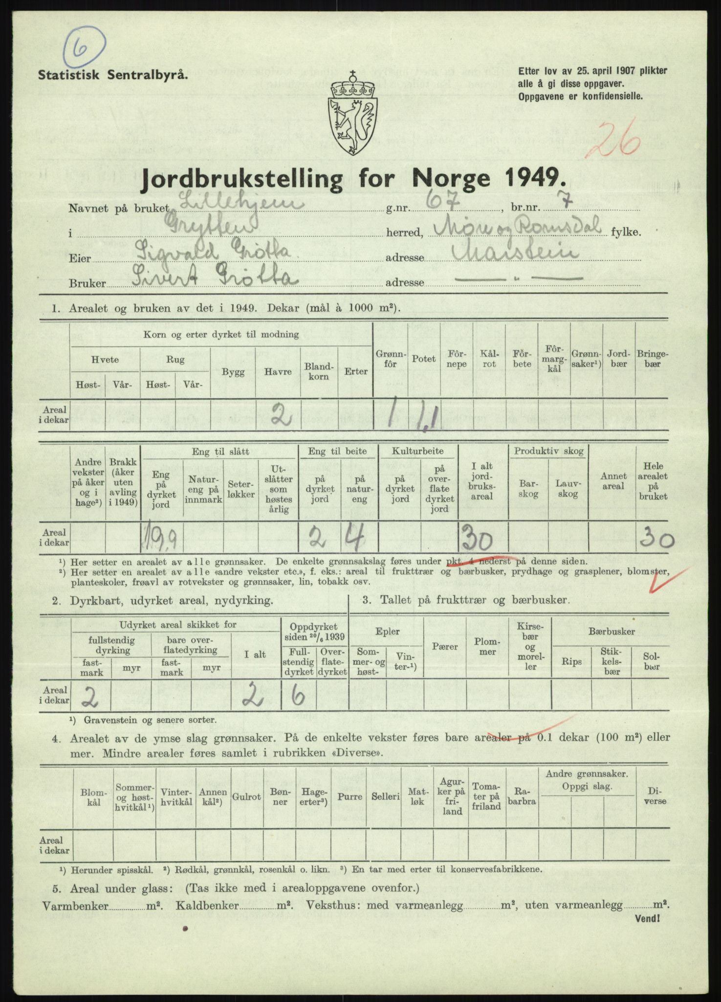 Statistisk sentralbyrå, Næringsøkonomiske emner, Jordbruk, skogbruk, jakt, fiske og fangst, AV/RA-S-2234/G/Gc/L0323: Møre og Romsdal: Grytten og Hen, 1949, s. 123