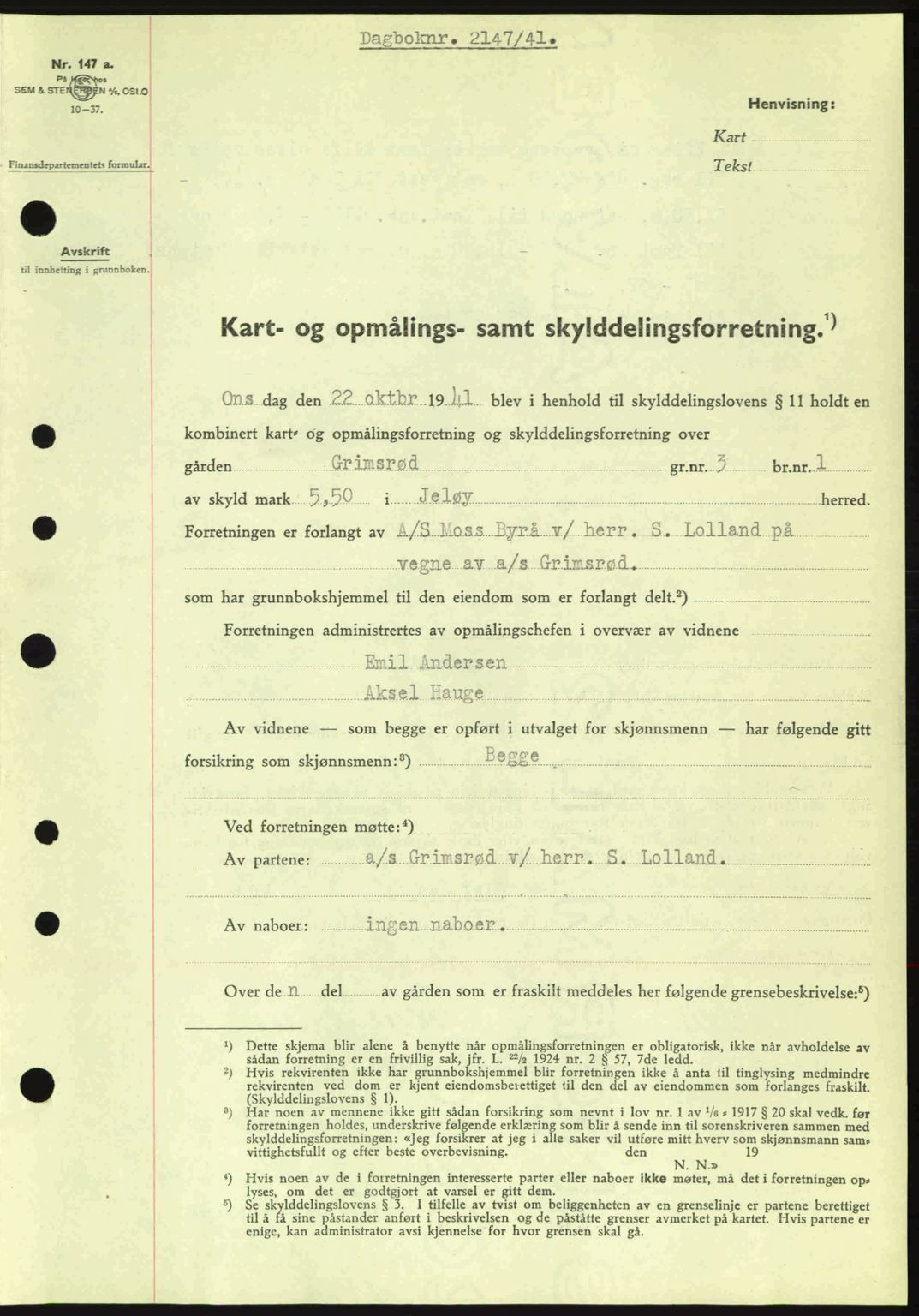 Moss sorenskriveri, SAO/A-10168: Pantebok nr. A9, 1941-1942, Dagboknr: 2147/1941