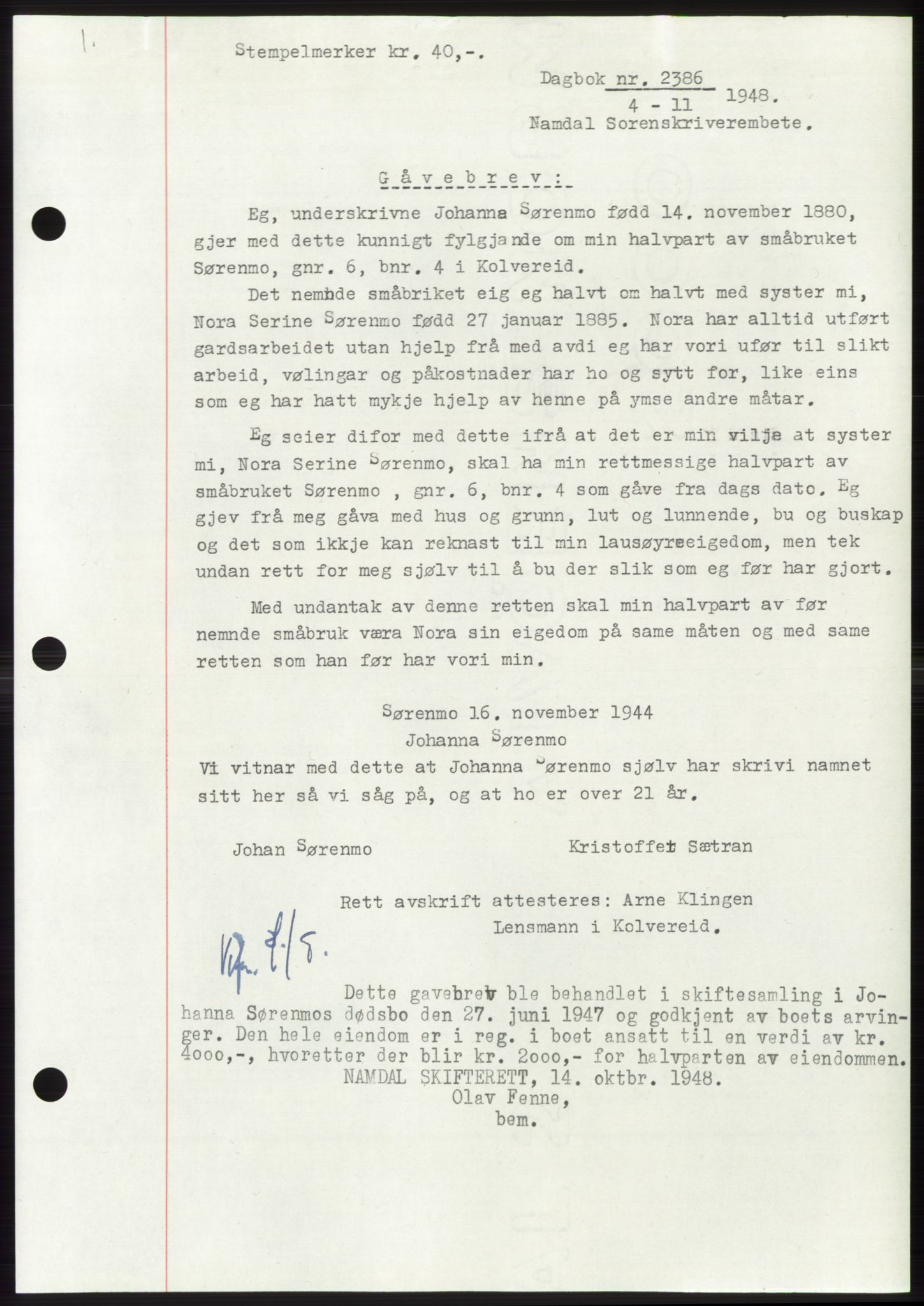 Namdal sorenskriveri, SAT/A-4133/1/2/2C: Pantebok nr. -, 1948-1948, Dagboknr: 2386/1948