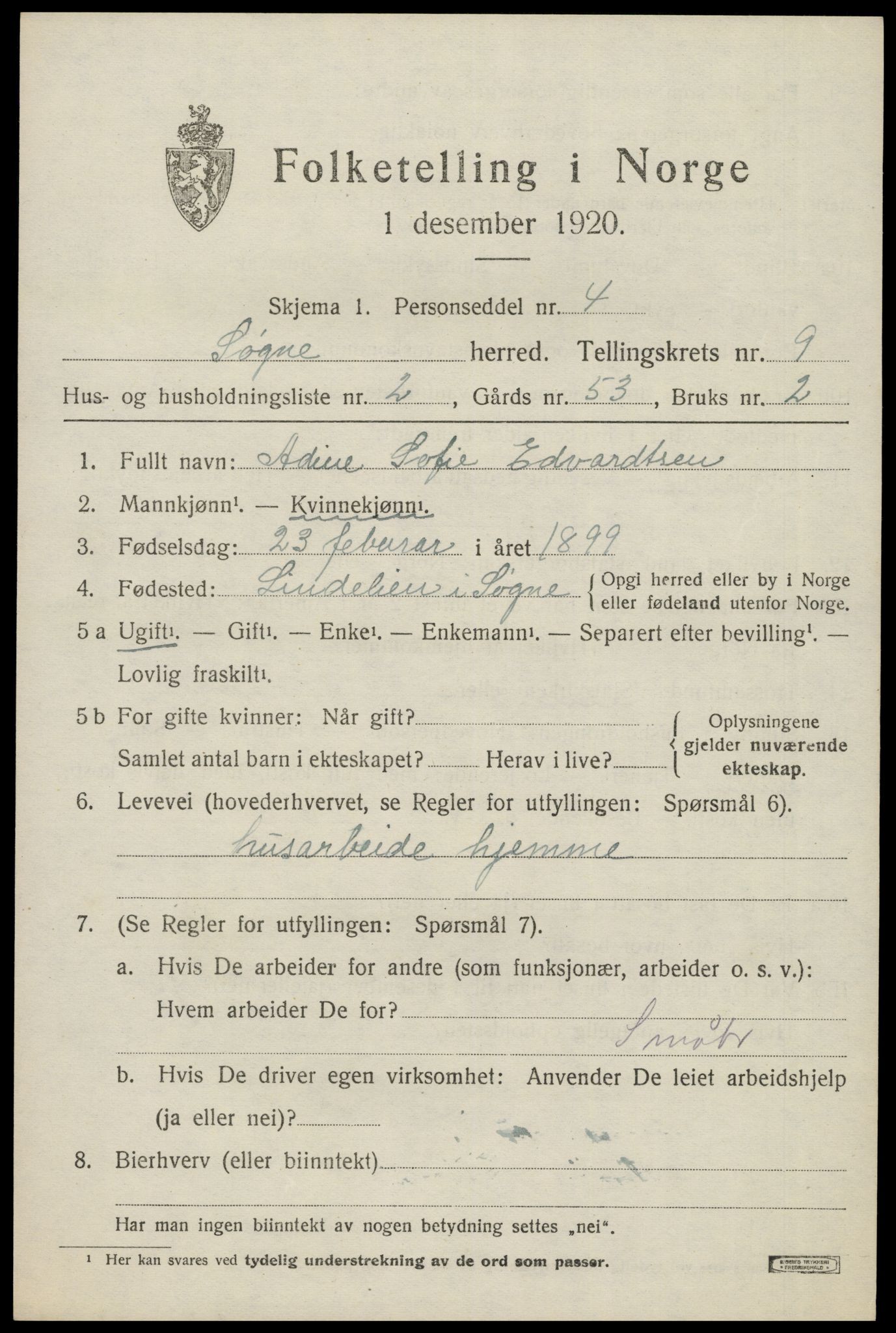 SAK, Folketelling 1920 for 1018 Søgne herred, 1920, s. 5315