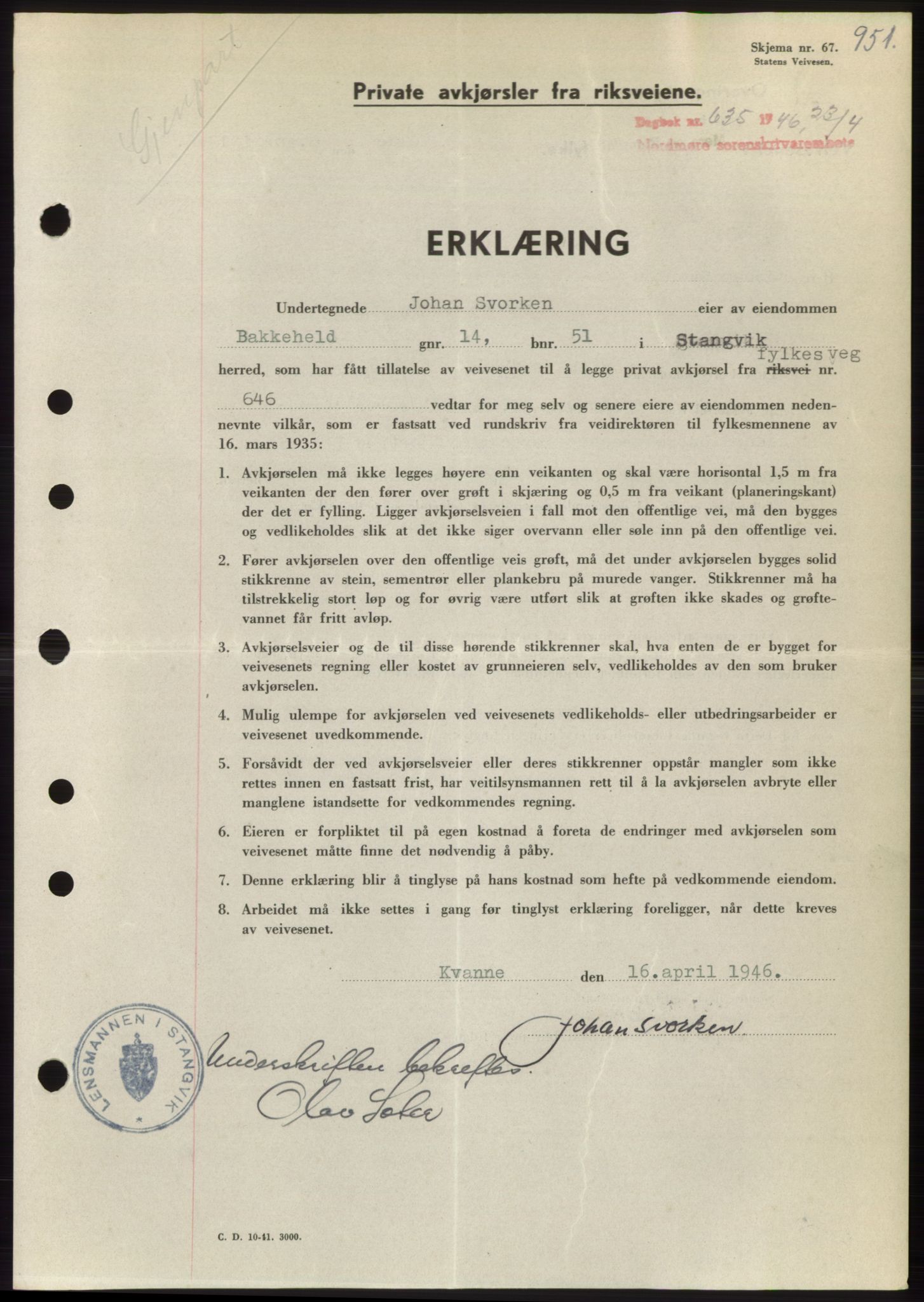 Nordmøre sorenskriveri, SAT/A-4132/1/2/2Ca: Pantebok nr. B93b, 1946-1946, Dagboknr: 635/1946