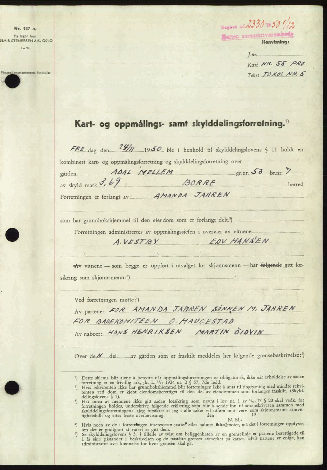 Horten sorenskriveri, SAKO/A-133/G/Ga/Gaa/L0017: Pantebok nr. A-17, 1950-1950, Dagboknr: 2330/1950