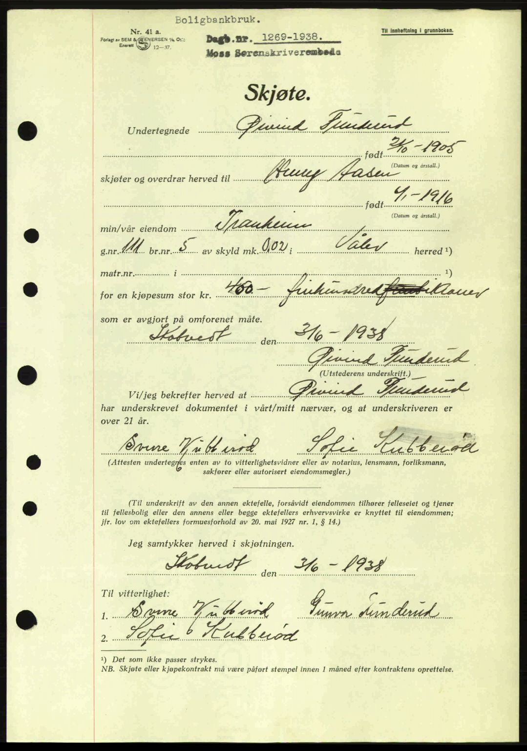 Moss sorenskriveri, SAO/A-10168: Pantebok nr. A4, 1938-1938, Dagboknr: 1269/1938