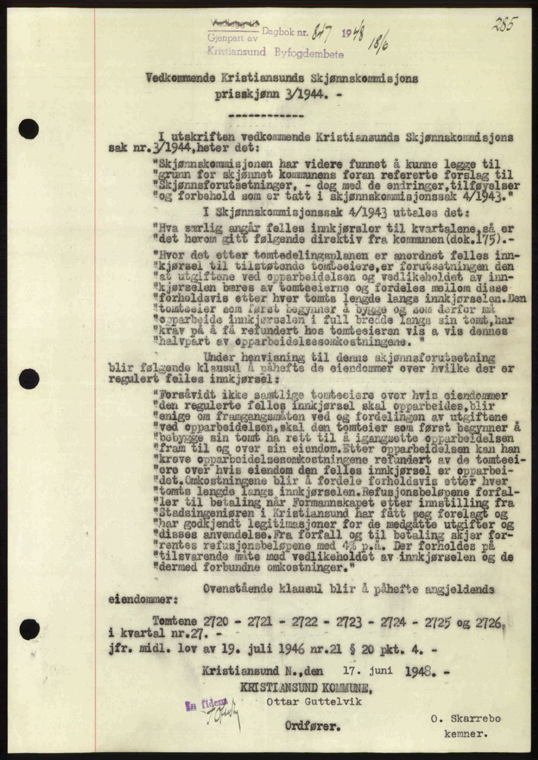 Kristiansund byfogd, AV/SAT-A-4587/A/27: Pantebok nr. 44, 1947-1948, Dagboknr: 847/1948