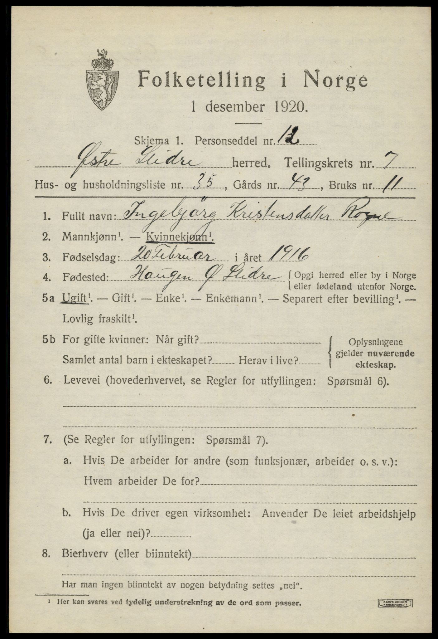 SAH, Folketelling 1920 for 0544 Øystre Slidre herred, 1920, s. 4413