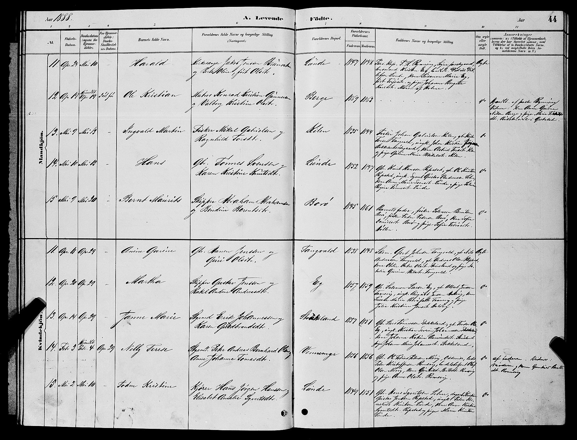 Søgne sokneprestkontor, AV/SAK-1111-0037/F/Fb/Fbb/L0005: Klokkerbok nr. B 5, 1884-1891, s. 44