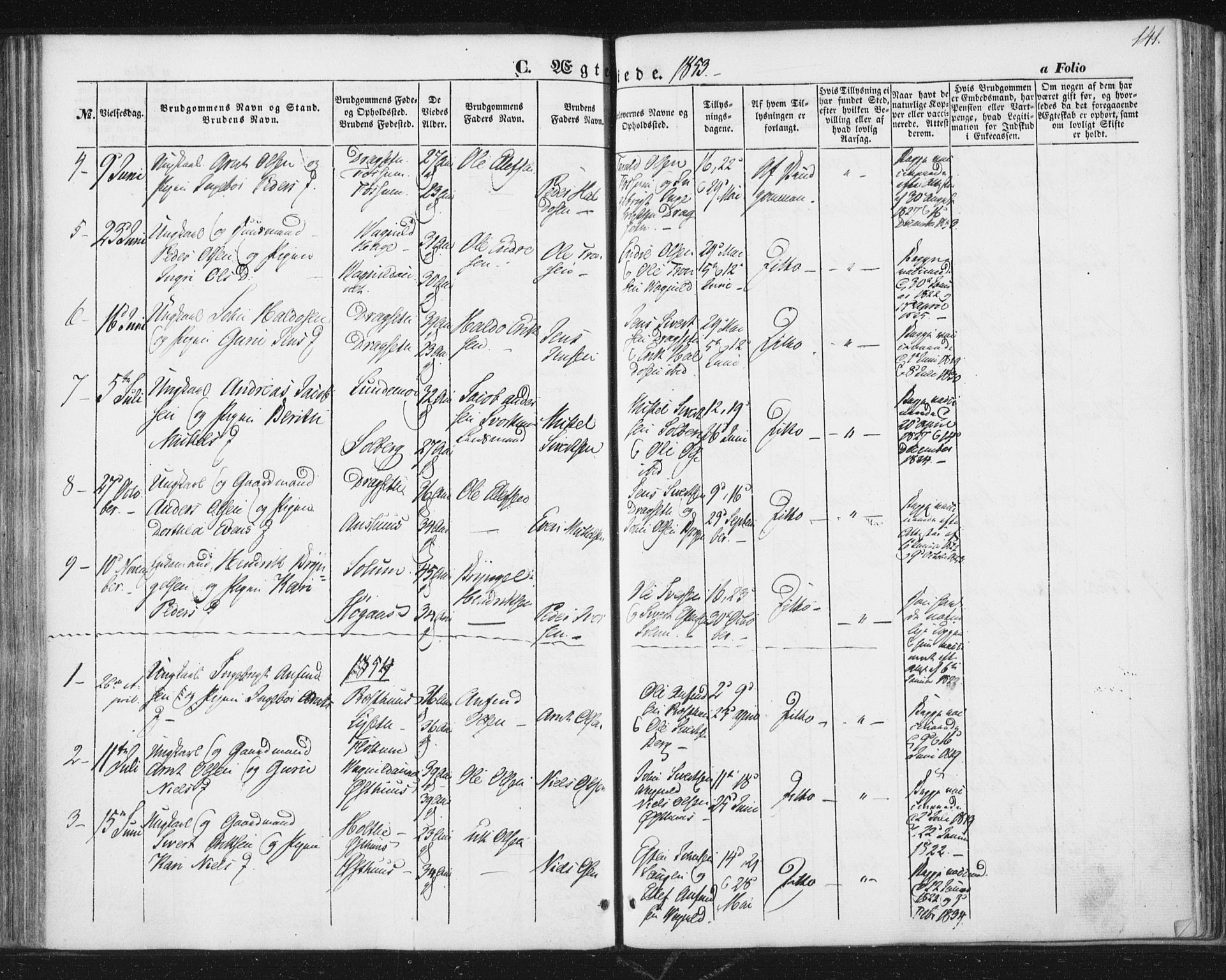 Ministerialprotokoller, klokkerbøker og fødselsregistre - Sør-Trøndelag, SAT/A-1456/689/L1038: Ministerialbok nr. 689A03, 1848-1872, s. 141