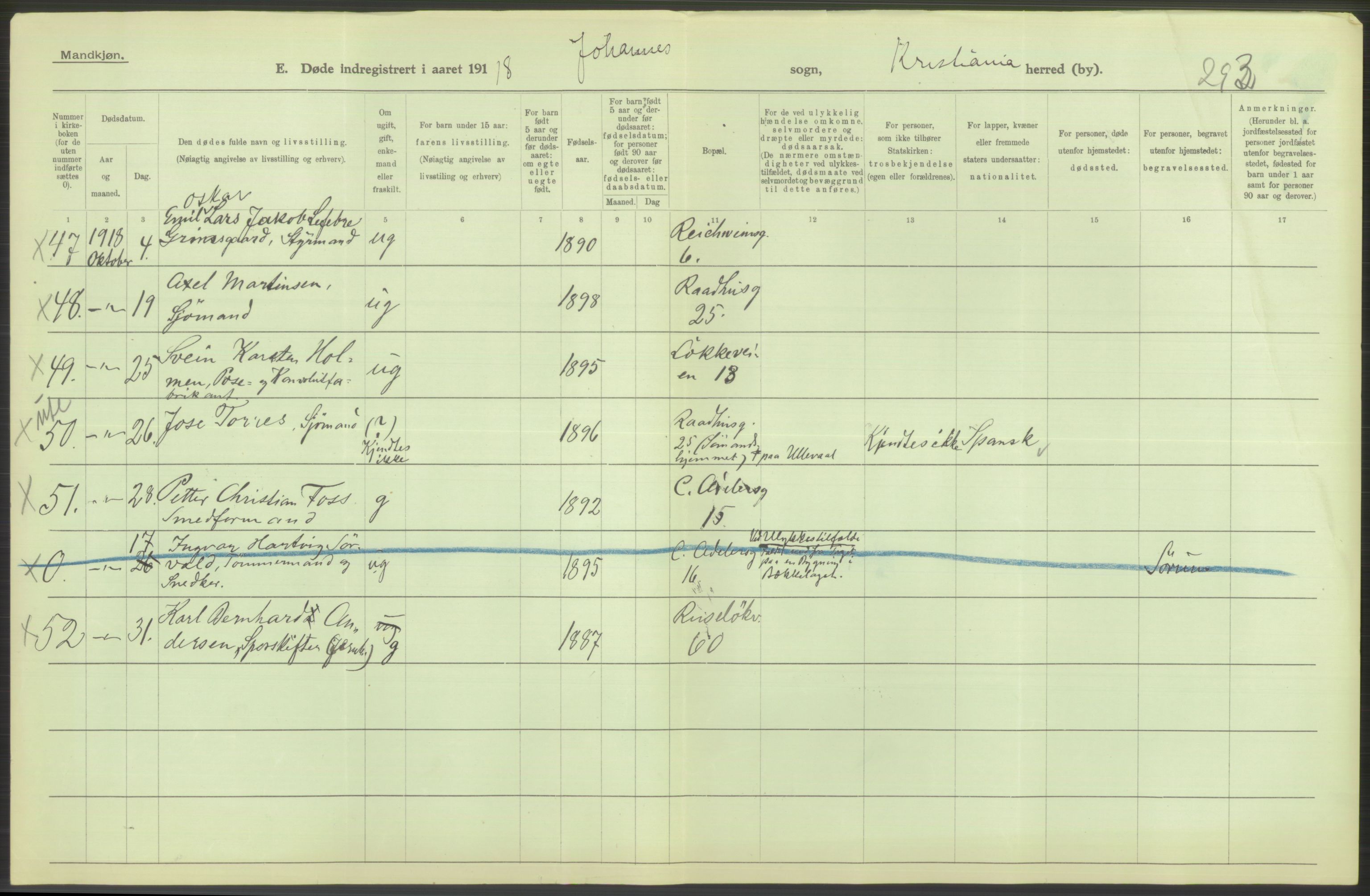 Statistisk sentralbyrå, Sosiodemografiske emner, Befolkning, AV/RA-S-2228/D/Df/Dfb/Dfbh/L0010: Kristiania: Døde, 1918, s. 156