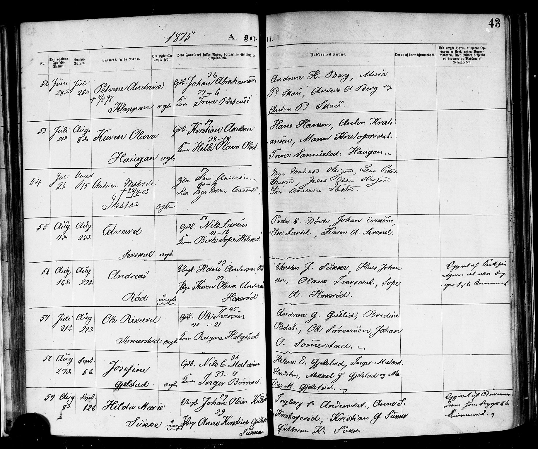 Andebu kirkebøker, AV/SAKO-A-336/F/Fa/L0006: Ministerialbok nr. I 6, 1871-1878, s. 43