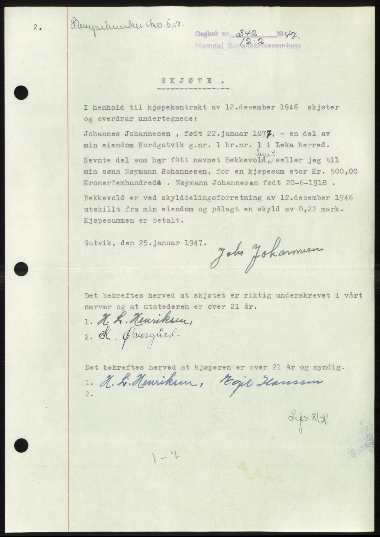 Namdal sorenskriveri, SAT/A-4133/1/2/2C: Pantebok nr. -, 1946-1947, Dagboknr: 342/1947