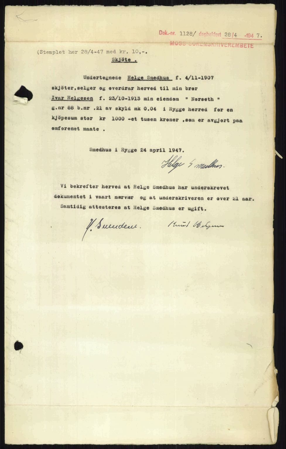 Moss sorenskriveri, SAO/A-10168: Pantebok nr. A17, 1947-1947, Dagboknr: 1128/1947