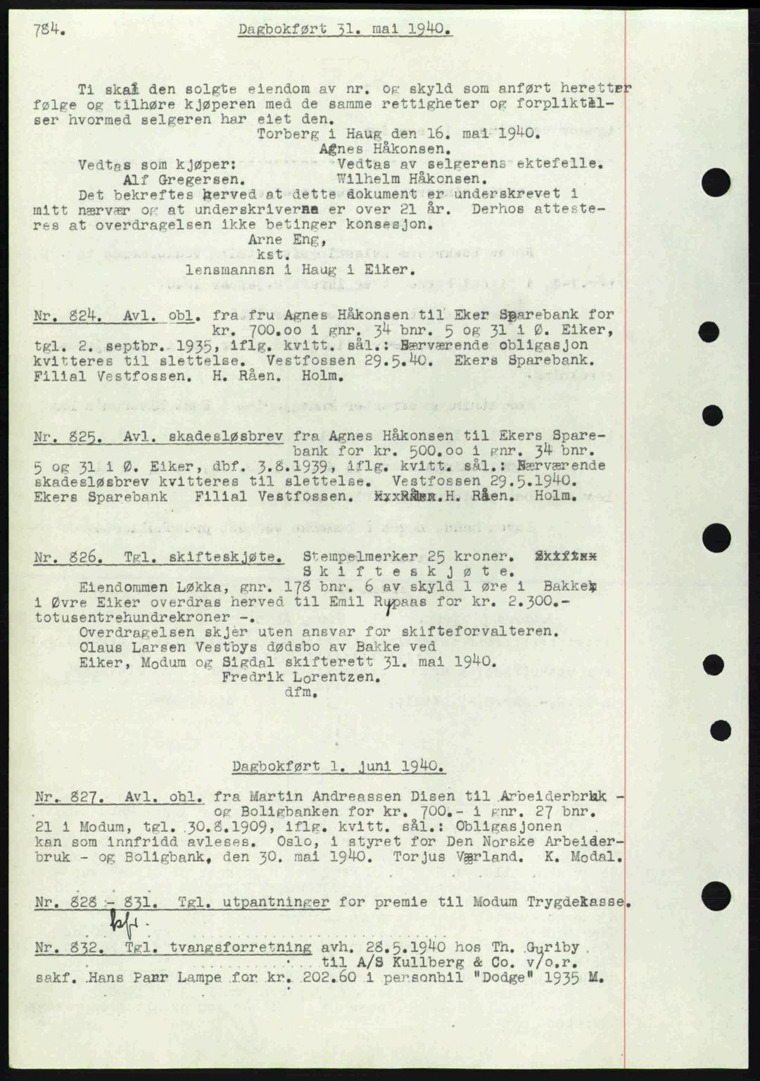 Eiker, Modum og Sigdal sorenskriveri, SAKO/A-123/G/Ga/Gab/L0041: Pantebok nr. A11, 1939-1940, Dagboknr: 824/1940