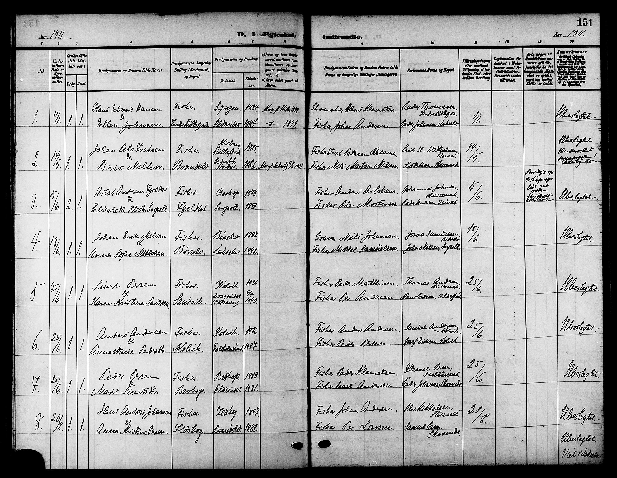 Kistrand/Porsanger sokneprestembete, AV/SATØ-S-1351/H/Hb/L0006.klokk: Klokkerbok nr. 6, 1905-1917, s. 151