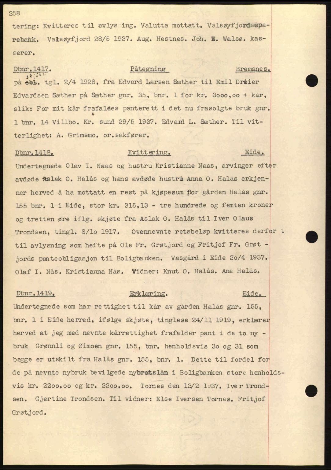 Nordmøre sorenskriveri, SAT/A-4132/1/2/2Ca: Pantebok nr. C80, 1936-1939, Dagboknr: 1417/1937