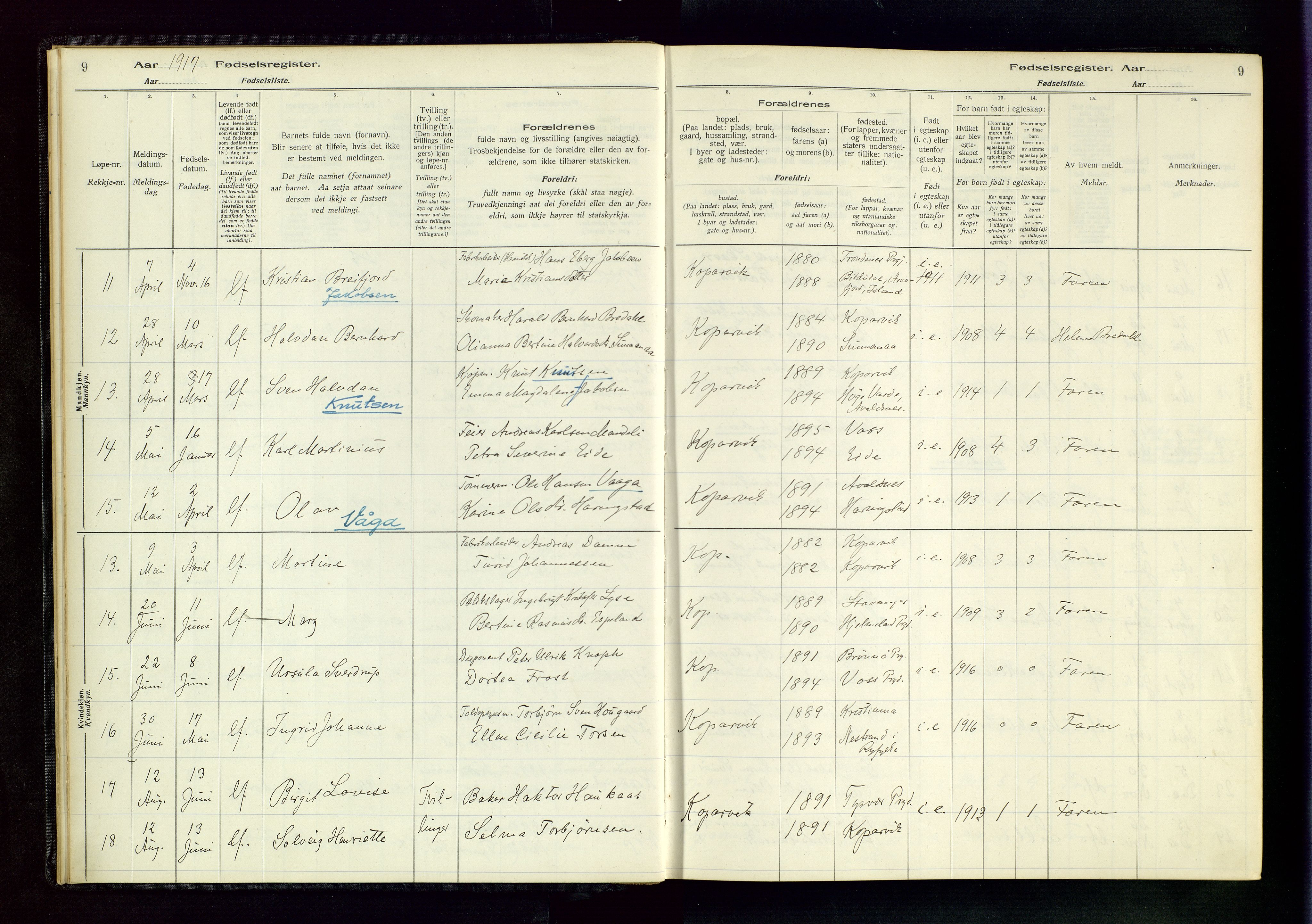 Kopervik sokneprestkontor, SAST/A-101850/I/Id/L0001: Fødselsregister nr. 1, 1916-1952, s. 9