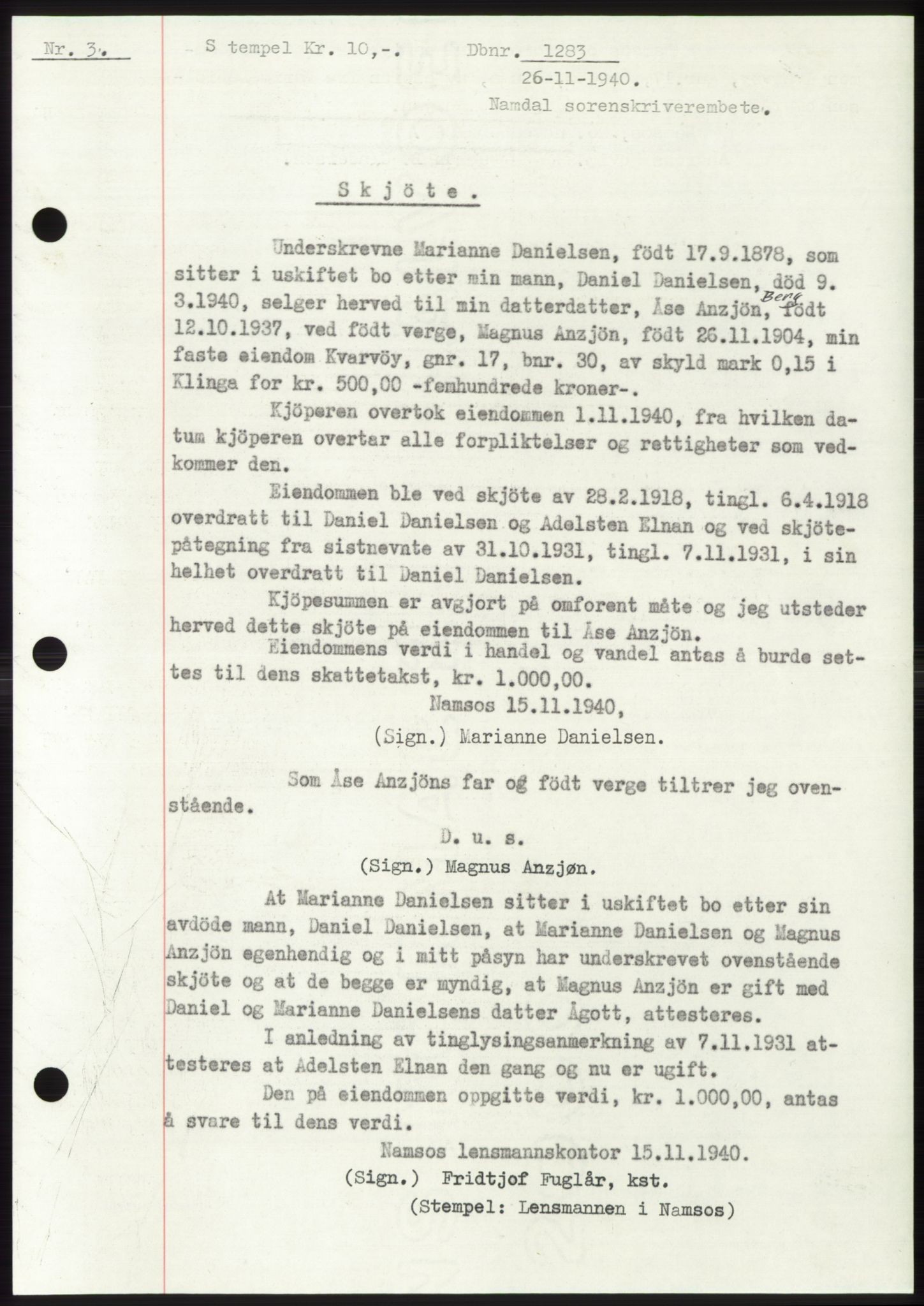 Namdal sorenskriveri, SAT/A-4133/1/2/2C: Pantebok nr. -, 1940-1941, Tingl.dato: 26.11.1940