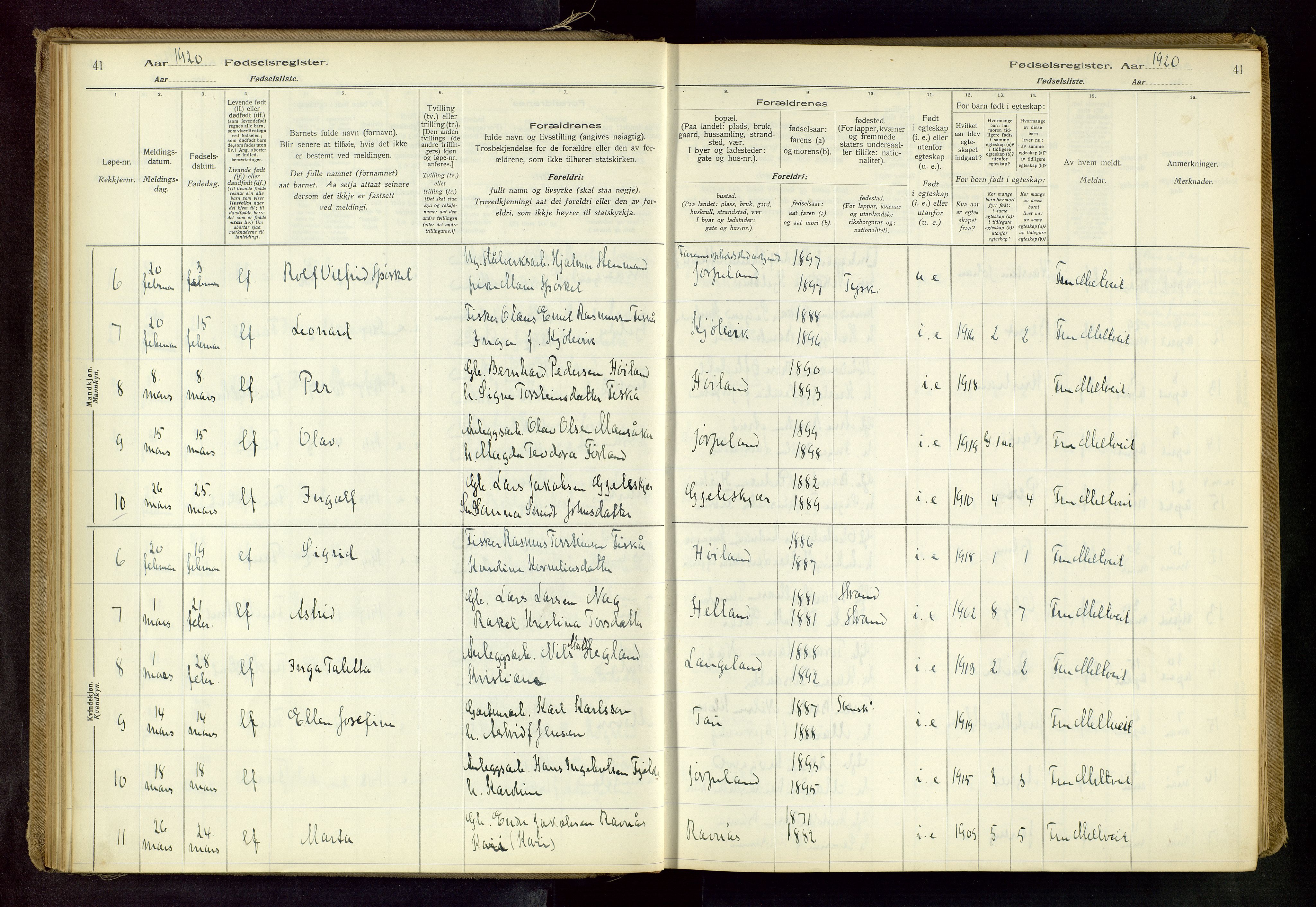 Strand sokneprestkontor, SAST/A-101828/I/Id/L0001: Fødselsregister nr. 1, 1916-1938, s. 41