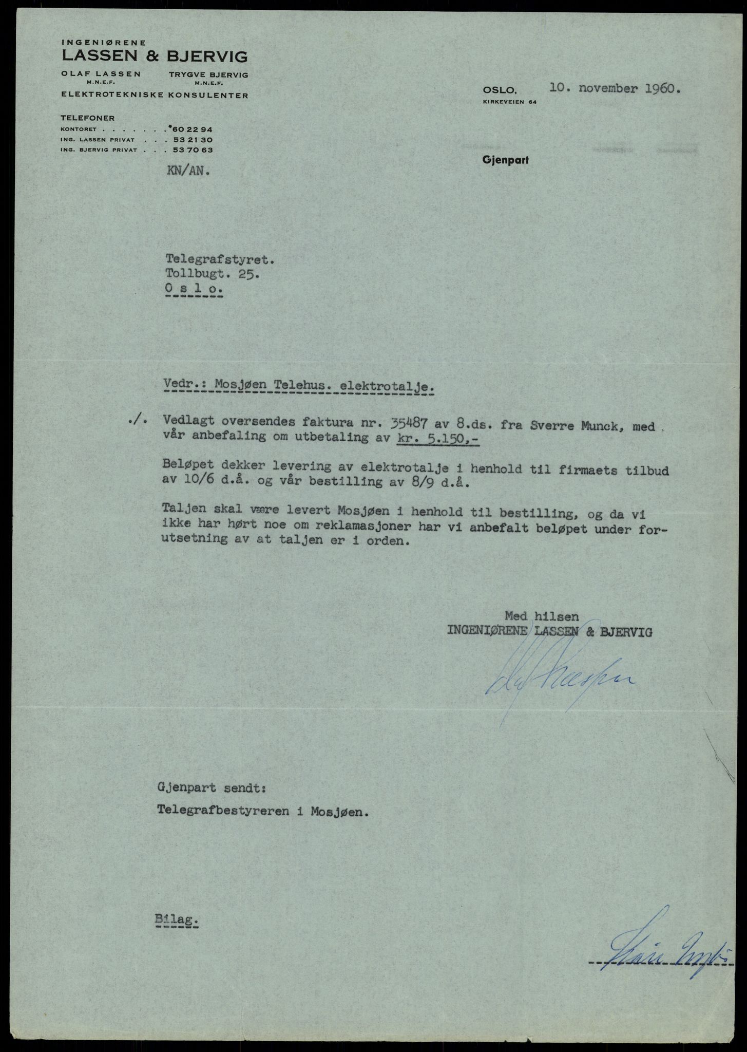 Televerket, Mosjøen telegrafstasjon, SAT/A-5300/F/L0031: Korrespondanse, tegninger og kart angående Mosjøen telehus, 1957-1964, s. 3