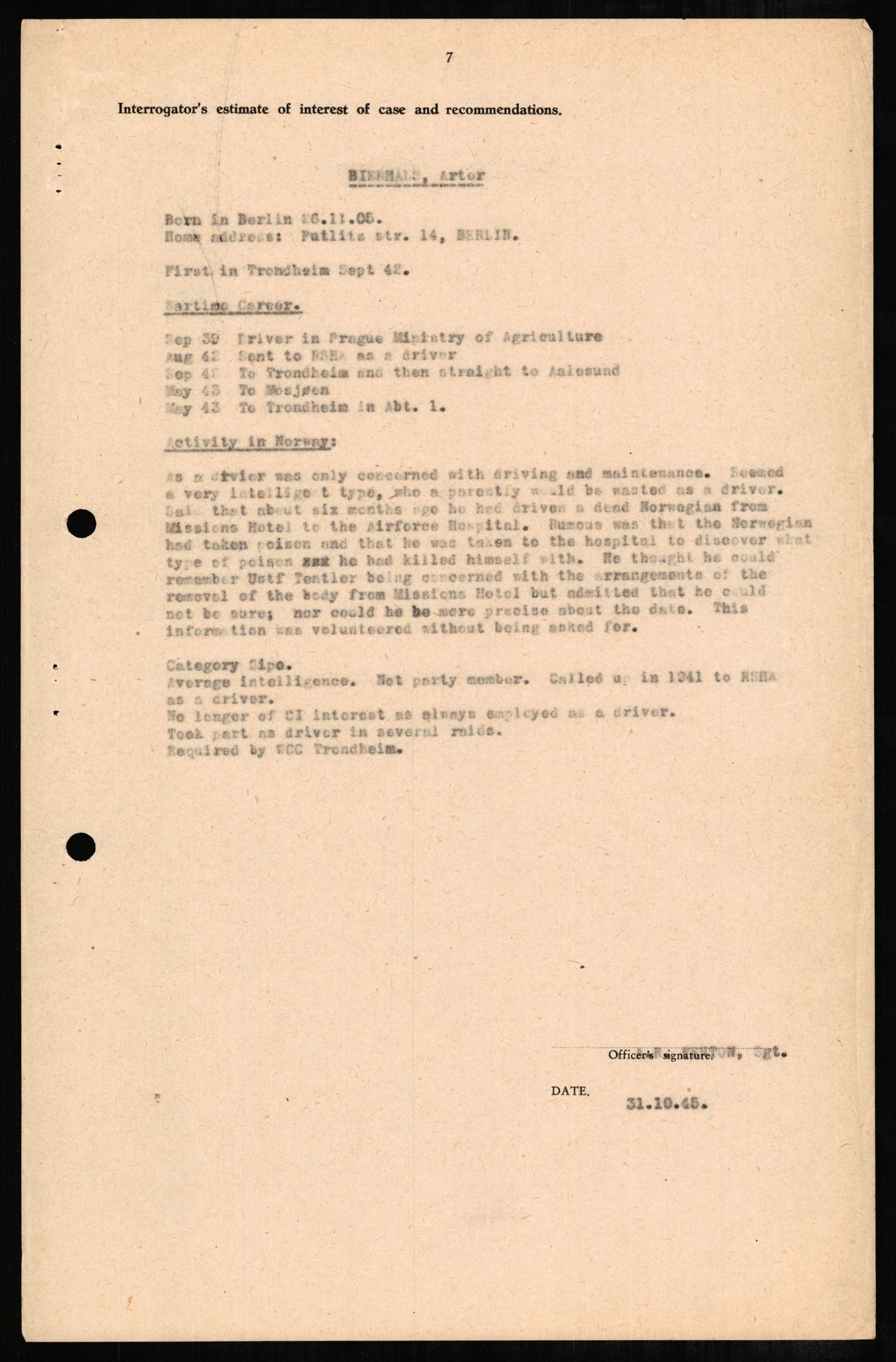 Forsvaret, Forsvarets overkommando II, RA/RAFA-3915/D/Db/L0003: CI Questionaires. Tyske okkupasjonsstyrker i Norge. Tyskere., 1945-1946, s. 160