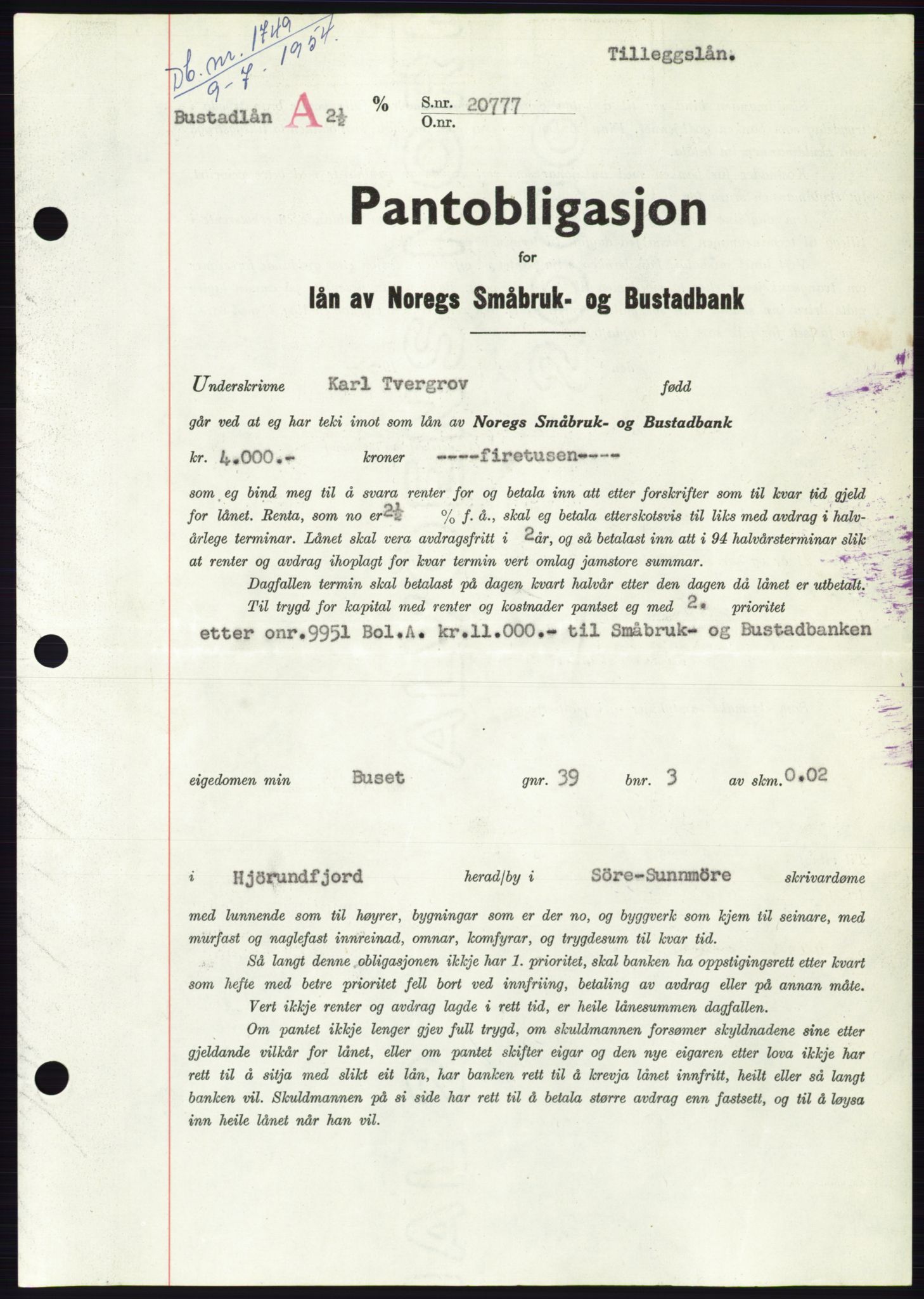 Søre Sunnmøre sorenskriveri, SAT/A-4122/1/2/2C/L0125: Pantebok nr. 13B, 1954-1954, Dagboknr: 1749/1954