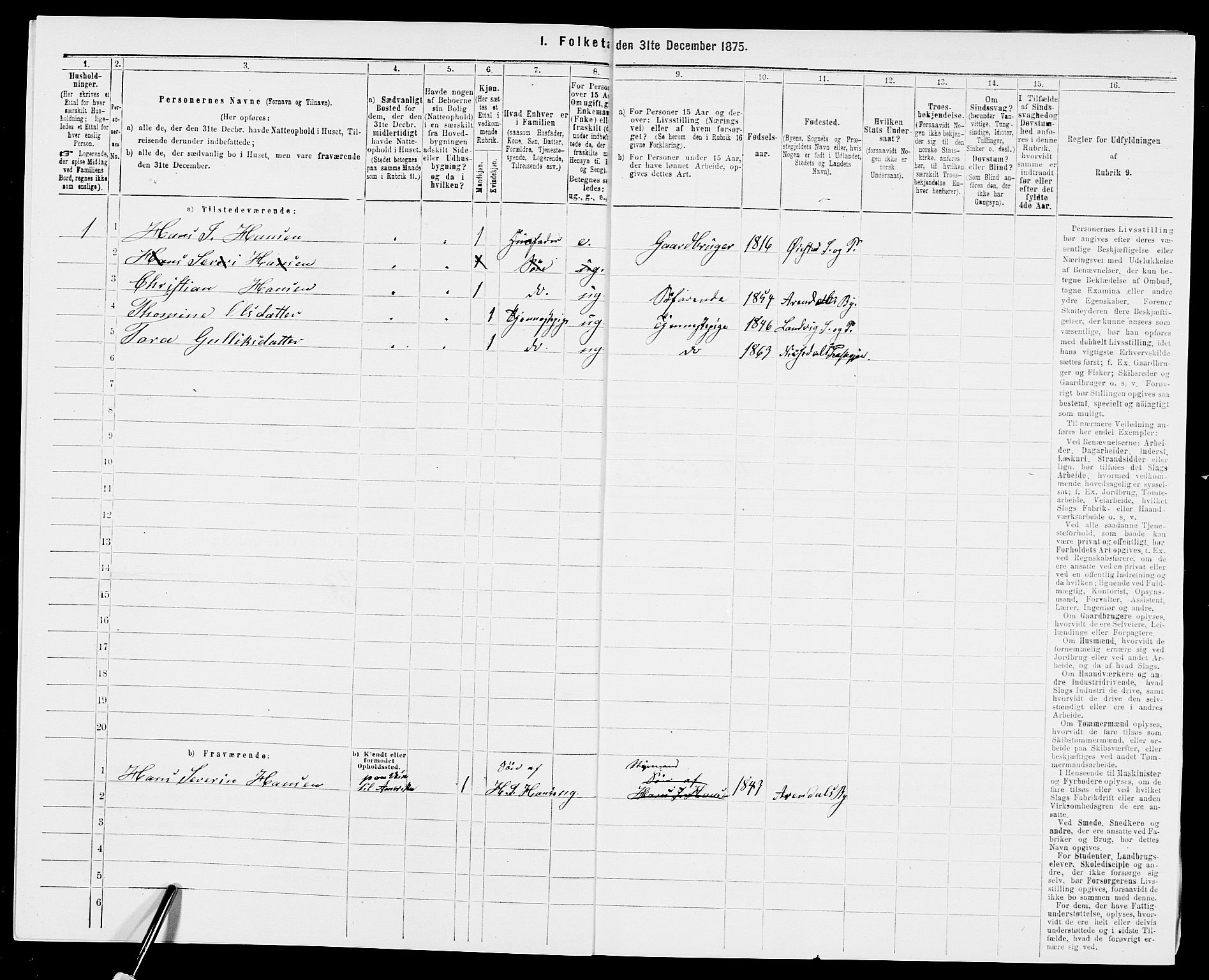 SAK, Folketelling 1875 for 0920P Øyestad prestegjeld, 1875, s. 141