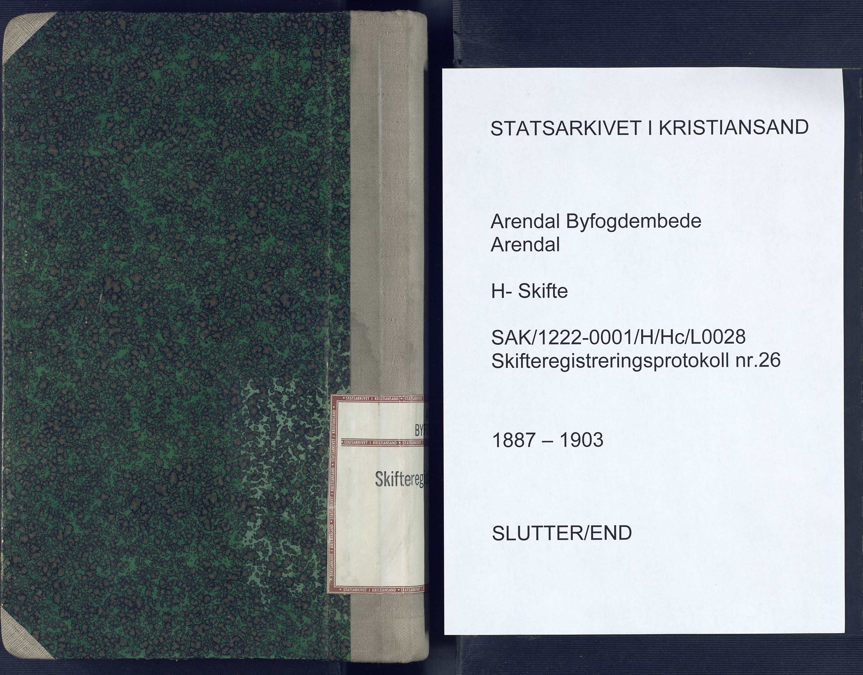 Arendal byfogd, AV/SAK-1222-0001/H/Hc/L0028: Skifteregistreringsprotokoll nr. 26, 1897-1903