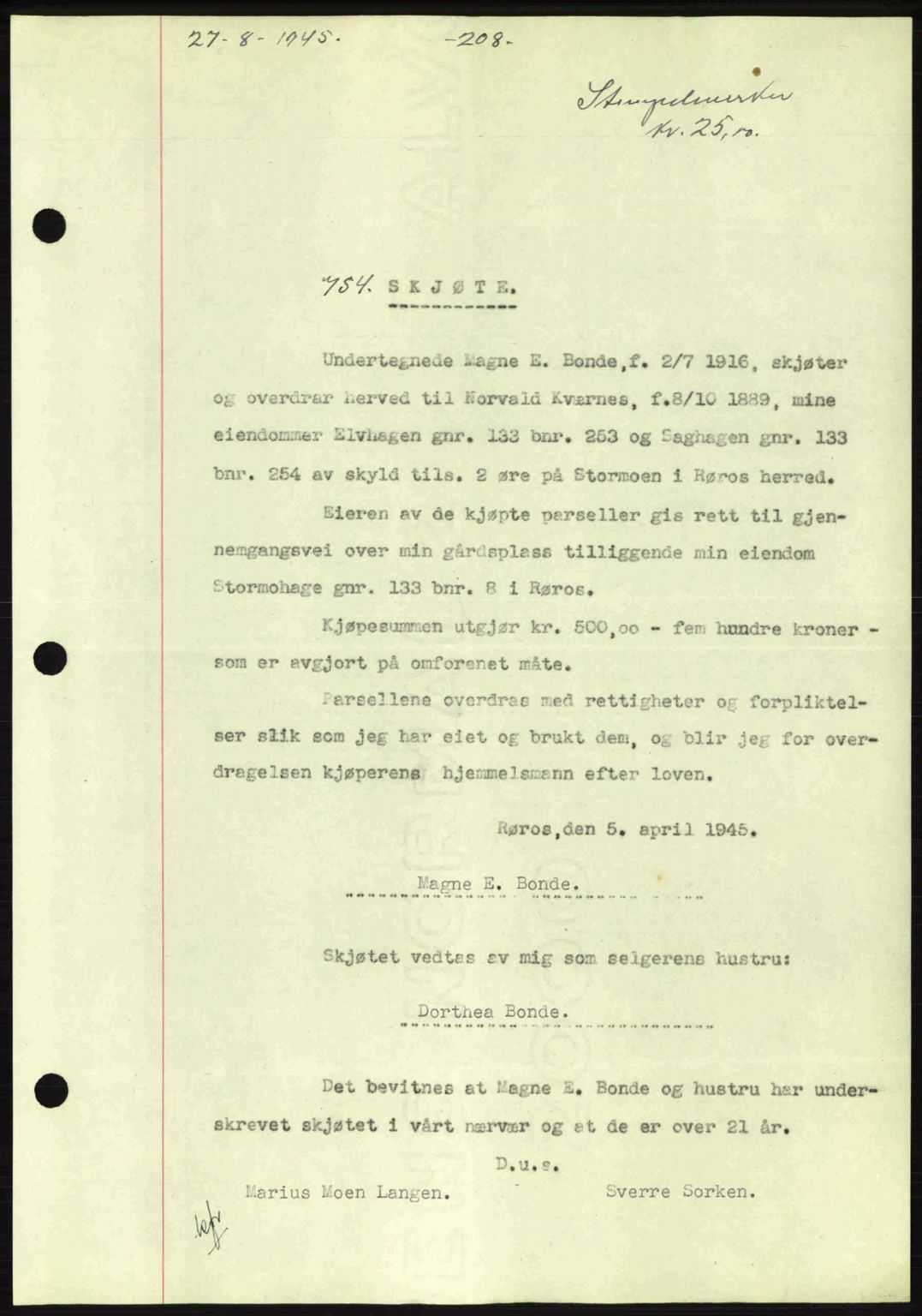 Gauldal sorenskriveri, SAT/A-0014/1/2/2C: Pantebok nr. A1a, 1945-1945, Dagboknr: 754/1945