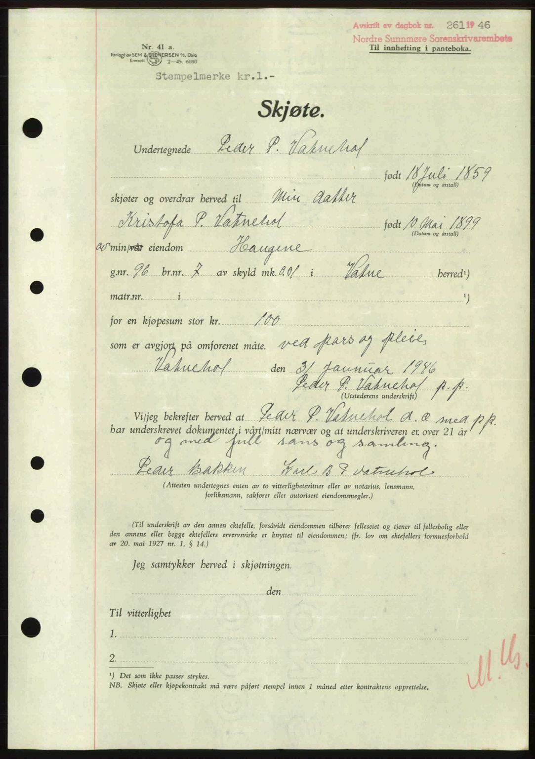 Nordre Sunnmøre sorenskriveri, SAT/A-0006/1/2/2C/2Ca: Pantebok nr. A20b, 1946-1946, Dagboknr: 261/1946