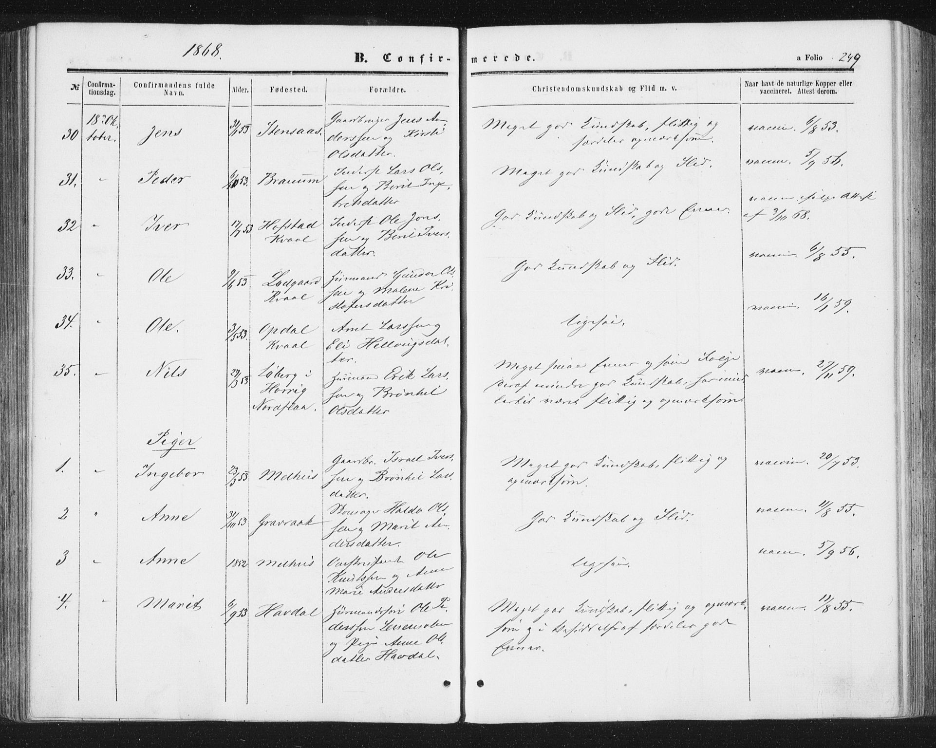 Ministerialprotokoller, klokkerbøker og fødselsregistre - Sør-Trøndelag, SAT/A-1456/691/L1077: Ministerialbok nr. 691A09, 1862-1873, s. 249