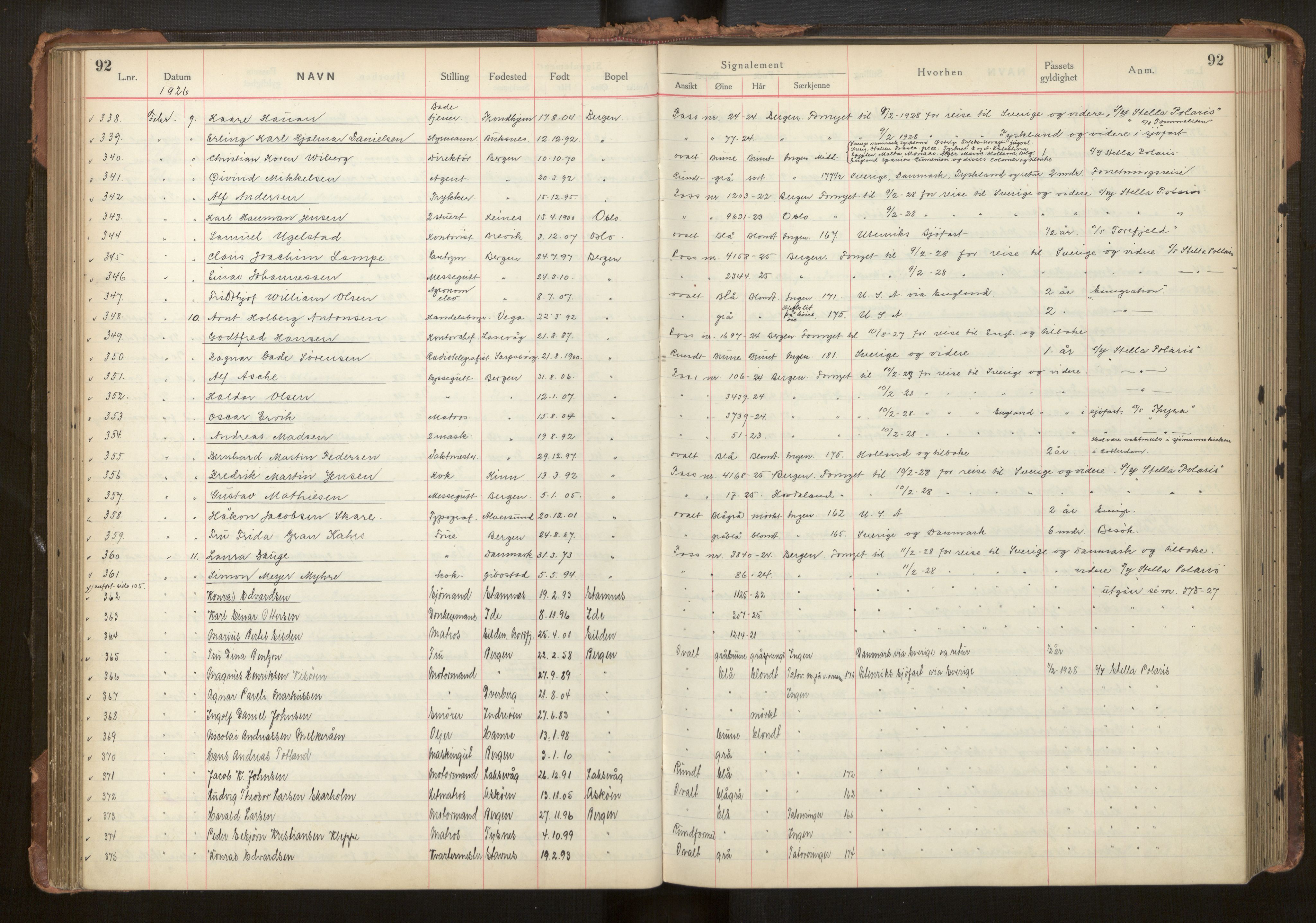 Bergen politikammer / politidistrikt, AV/SAB-A-60401/L/La/Lab/L0011: Passprotokoll, 1926-1928