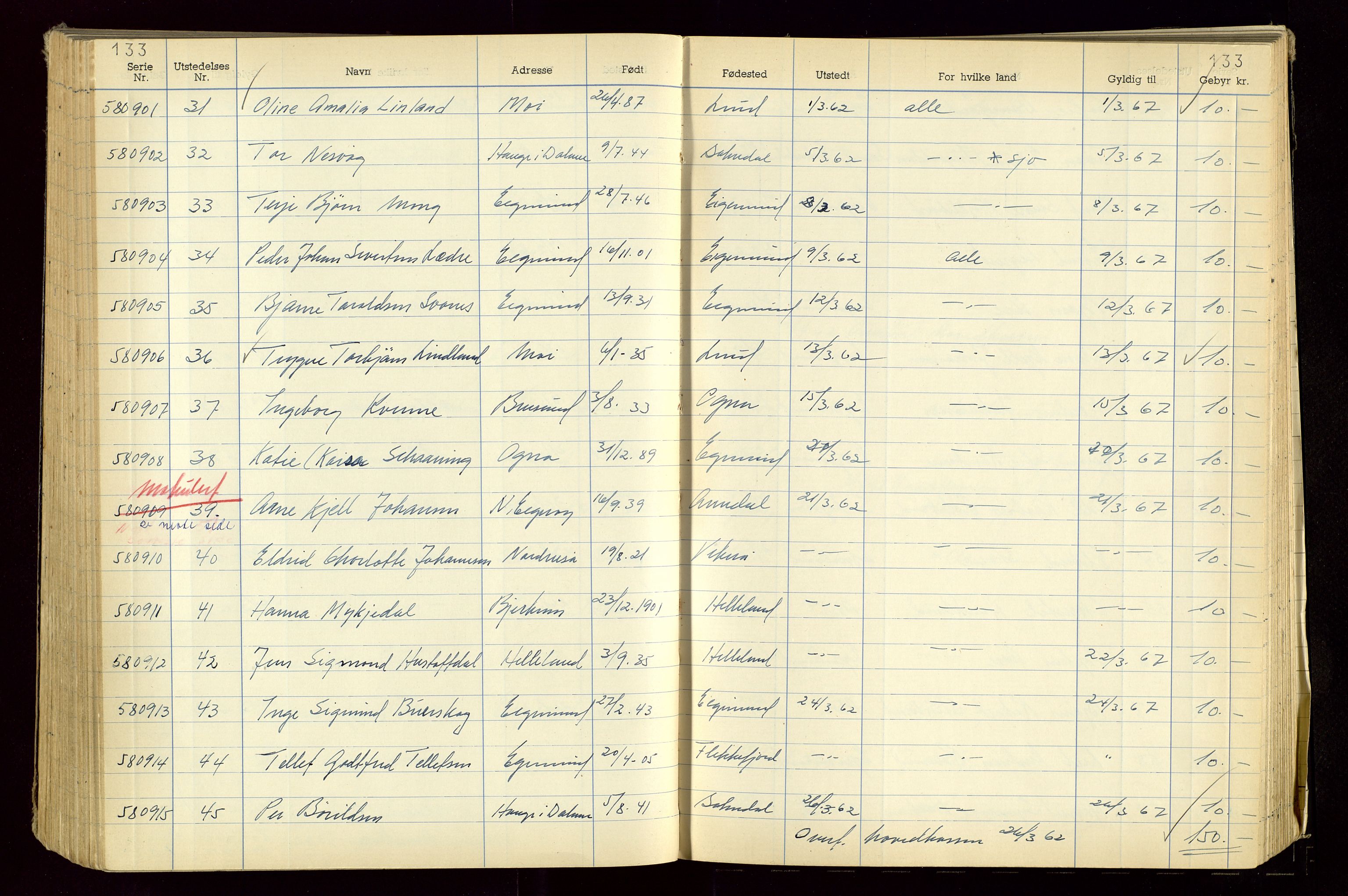 Eigersund politistasjon, AV/SAST-A-100445/K/L0001: Passjournal, 1955-1967, s. 133