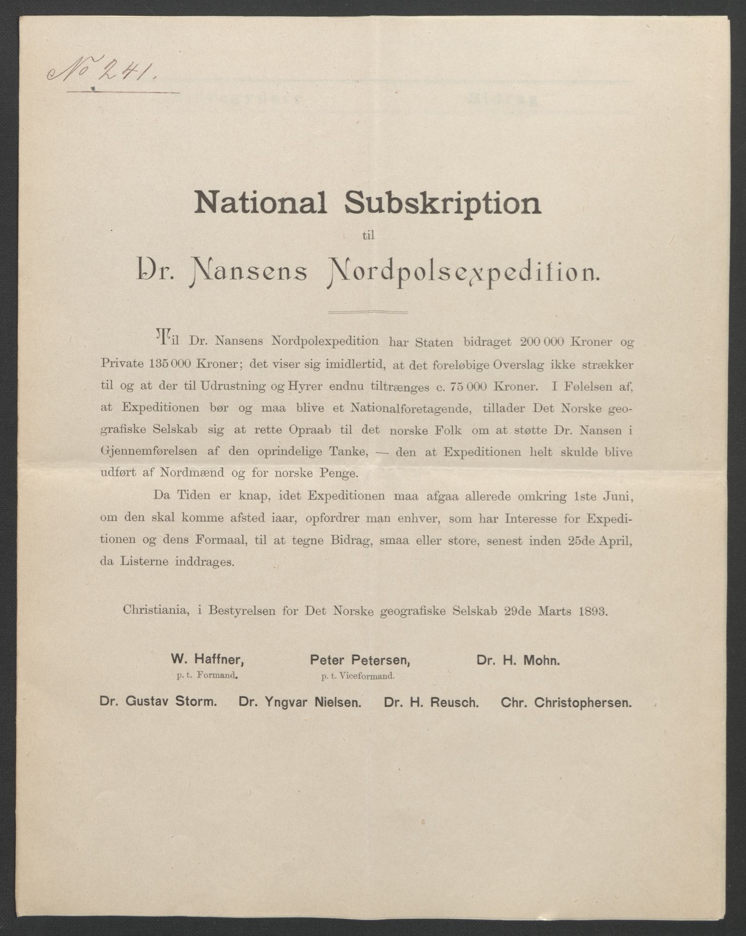 Arbeidskomitéen for Fridtjof Nansens polarekspedisjon, AV/RA-PA-0061/D/L0001/0004: Pengeinnsamlingen / Bidragslister med følgebrev, 1893, s. 23