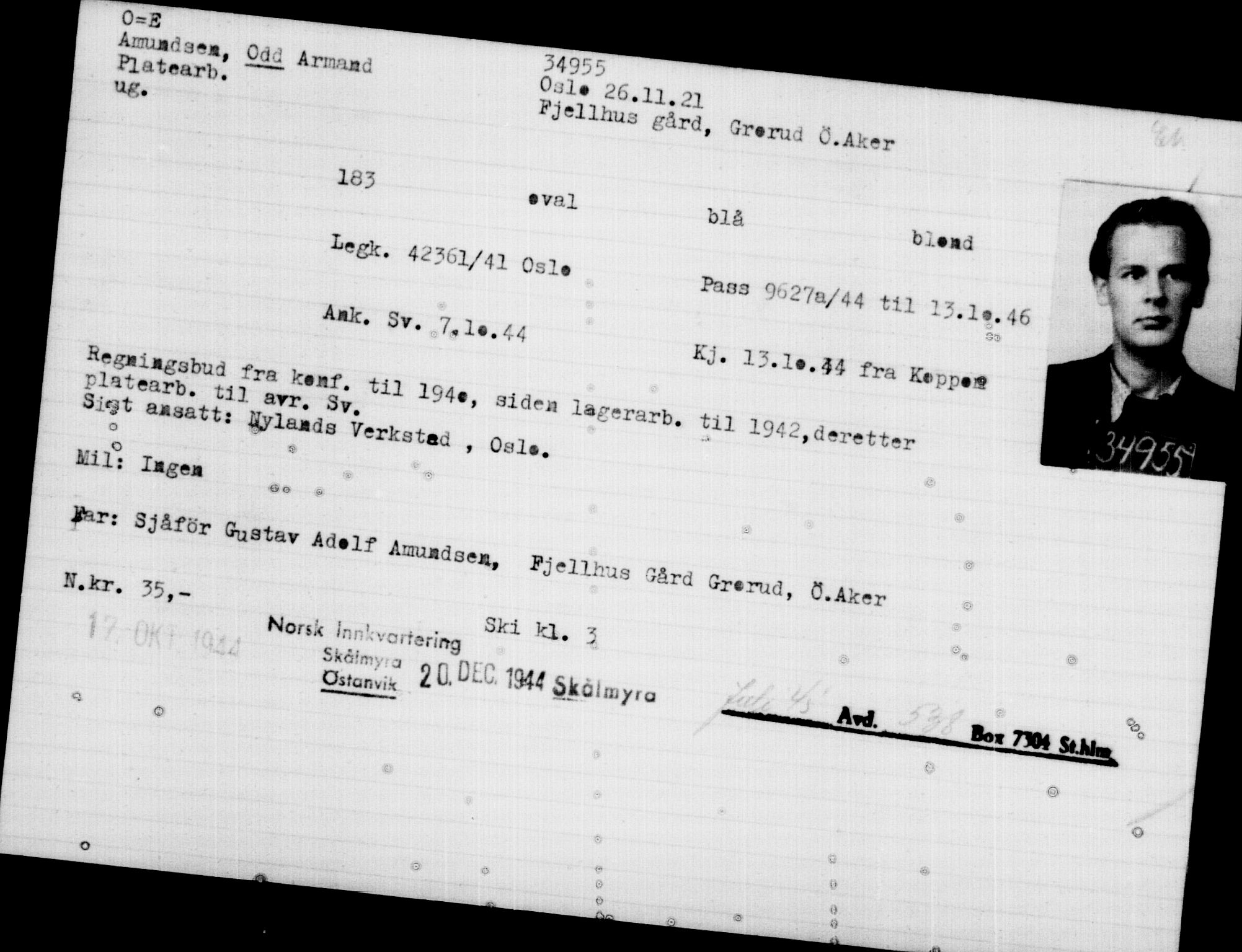 Utenriksstasjonene, Legasjonen i Stockholm, Flyktningkontoret, AV/RA-S-6753/V/Va/L0014: Kjesäterkartoteket, flyktninger med registreringsnr. 34700-37855, 1940-1945, s. 268